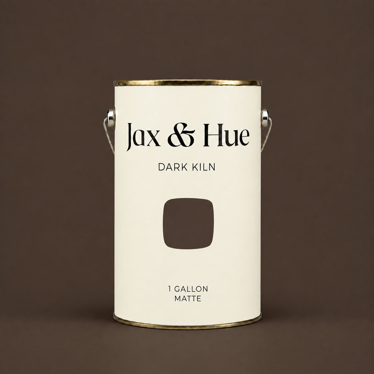 Jax & Hue Dark Kiln one-gallon matte interior paint can displaying a dark chocolate brown color swatch against a warm espresso-brown backdrop.