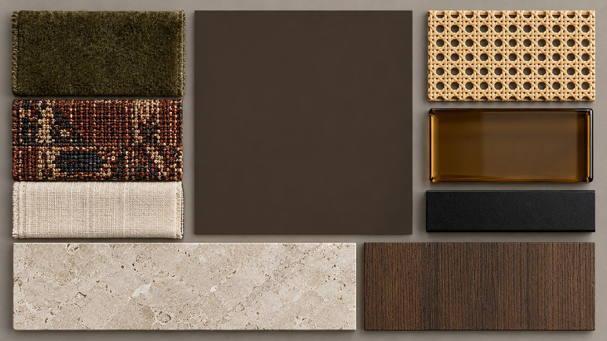 Structured material board pairing Dark Kiln espresso-brown paint with olive upholstery, rust-patterned textile, ivory linen, cane, smoked glass, and dark wood.