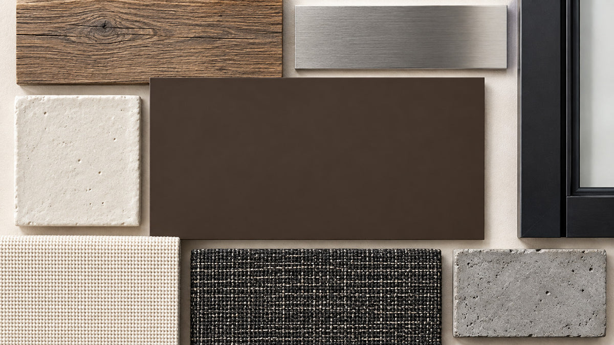 Interior designer mood board with a Dark Kiln deep chocolate brown paint swatch, weathered oak, black steel, brushed metal, cream tile, and textured fabric.