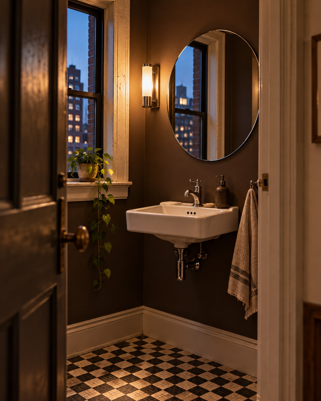 Small bathroom with Dark Kiln dark chocolate brown matte walls, a white wall-mounted sink, round mirror, checkerboard floor, and warm lighting.