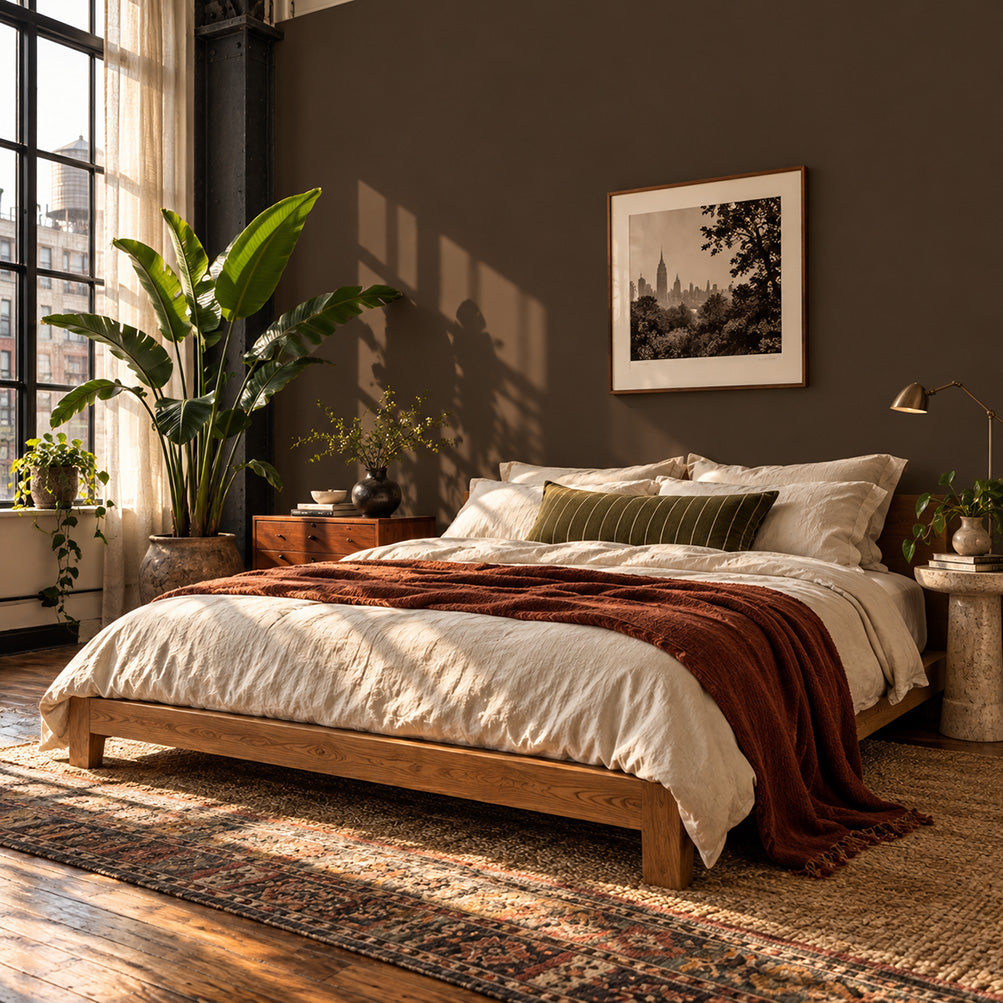 NYC loft bedroom with Dark Kiln deep warm brown matte walls, relaxed cream bedding, a rust throw, houseplants, and natural light.