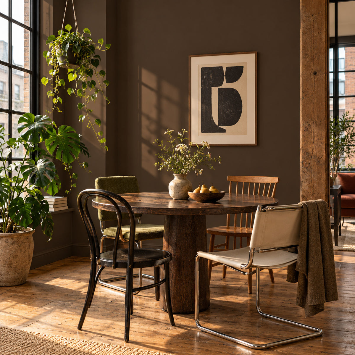 NYC loft dining area with Dark Kiln rich espresso-brown walls, a round wood table, mismatched chairs, houseplants, and warm daylight.