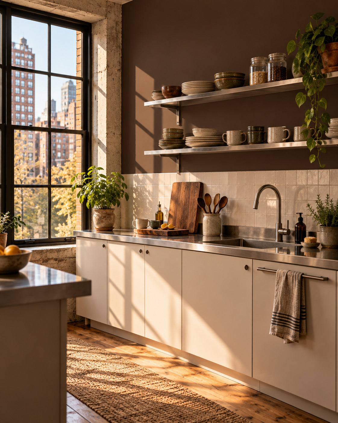 Loft kitchen featuring Dark Kiln deep warm brown wall paint above cream tile and cabinets, with open shelves, stainless steel, and houseplants.