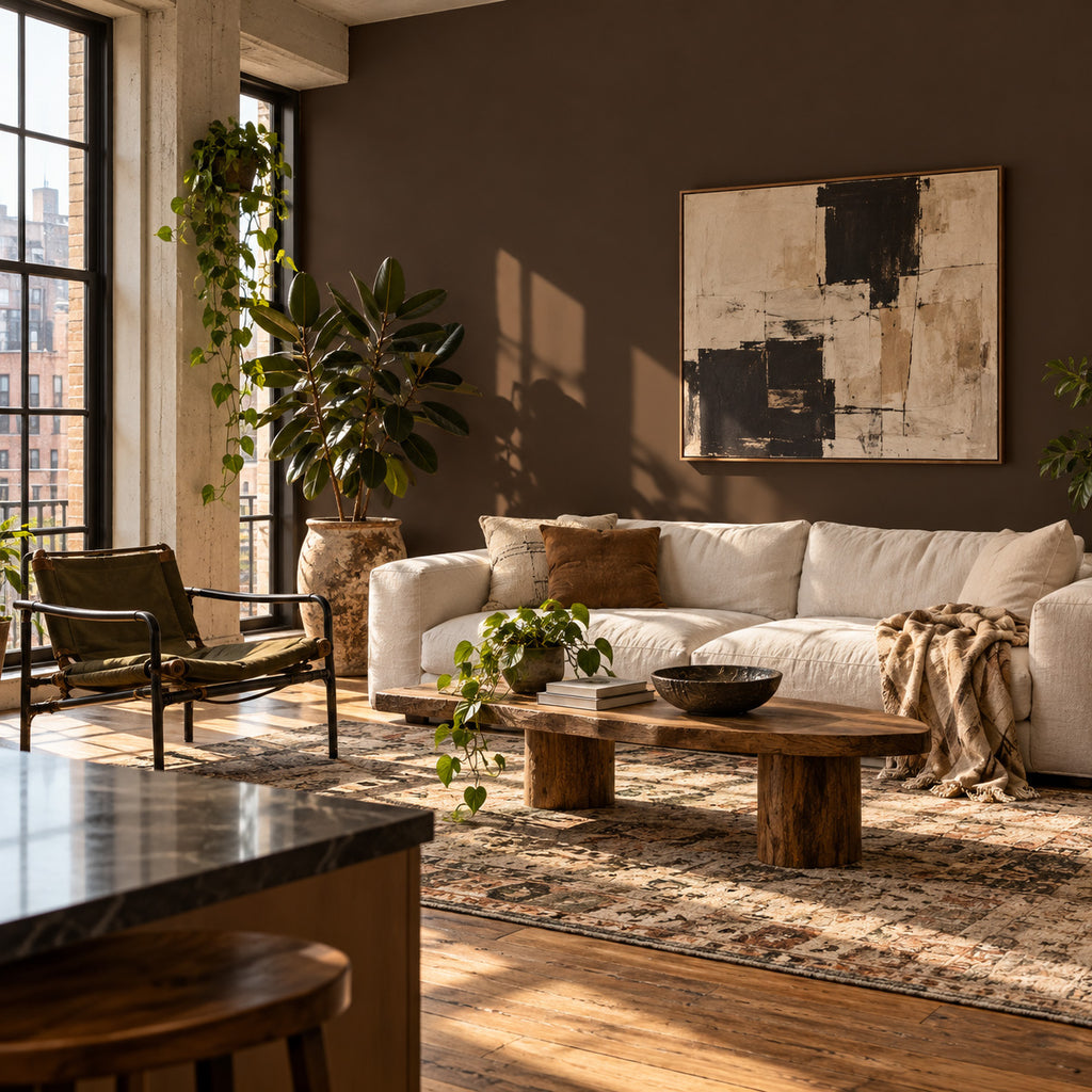 Eclectic loft living room with Dark Kiln chocolate brown painted walls, an ivory sofa, vintage furnishings, layered textiles, and leafy plants.