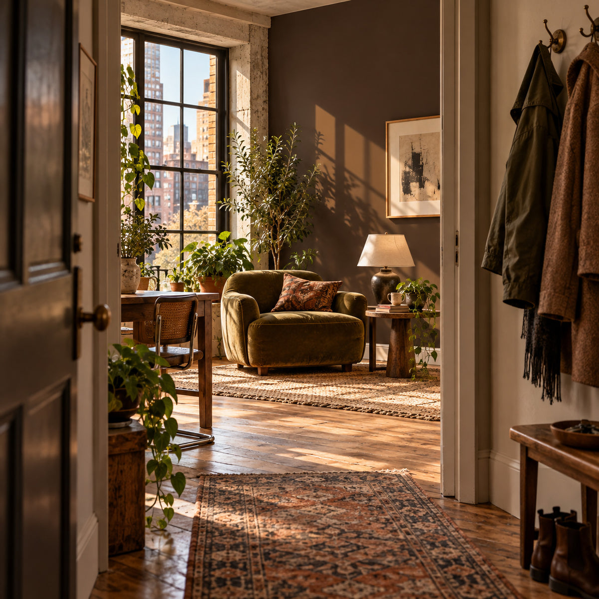 View into a plant-filled NYC loft sitting room with Dark Kiln saturated chocolate brown walls, an olive chair, vintage rug, and city windows.