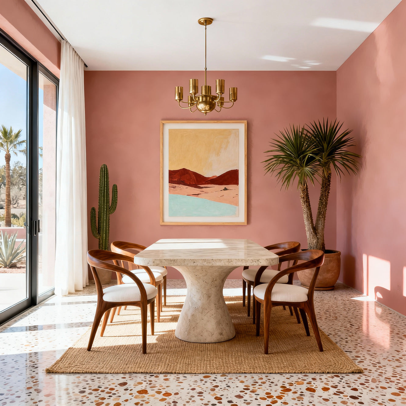 Dining room with pink walls, marble table, wooden chairs, and a desert-themed painting.
