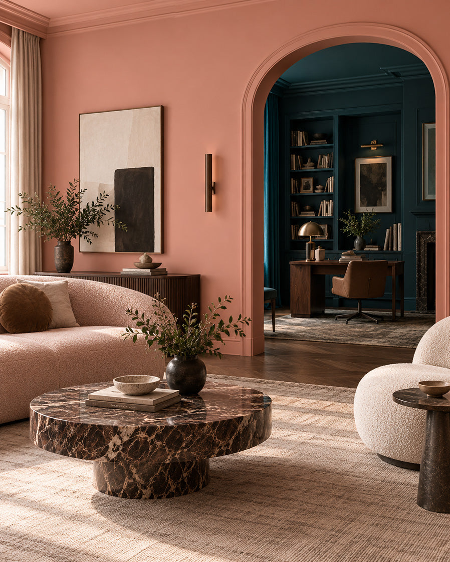 Dried Dahlia’s warm, faded pink takes on new confidence beside Peacock Court’s deep teal. Each makes the other more compelling: the pink feels richer, the teal more vivid. Together, they bring a touch of glamour to adjoining rooms, with an earthy softness that makes the drama easy to live with.