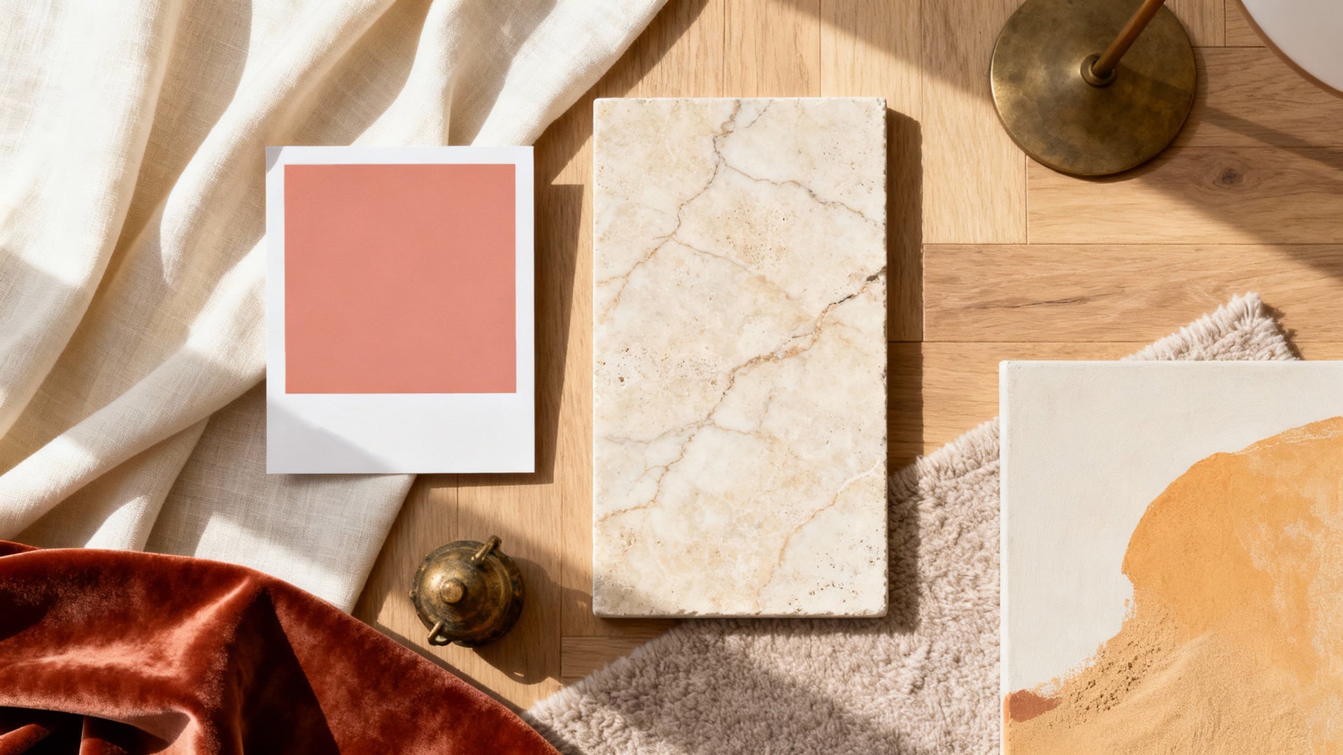 Color swatch, marble surface, and textured fabric on a wooden table