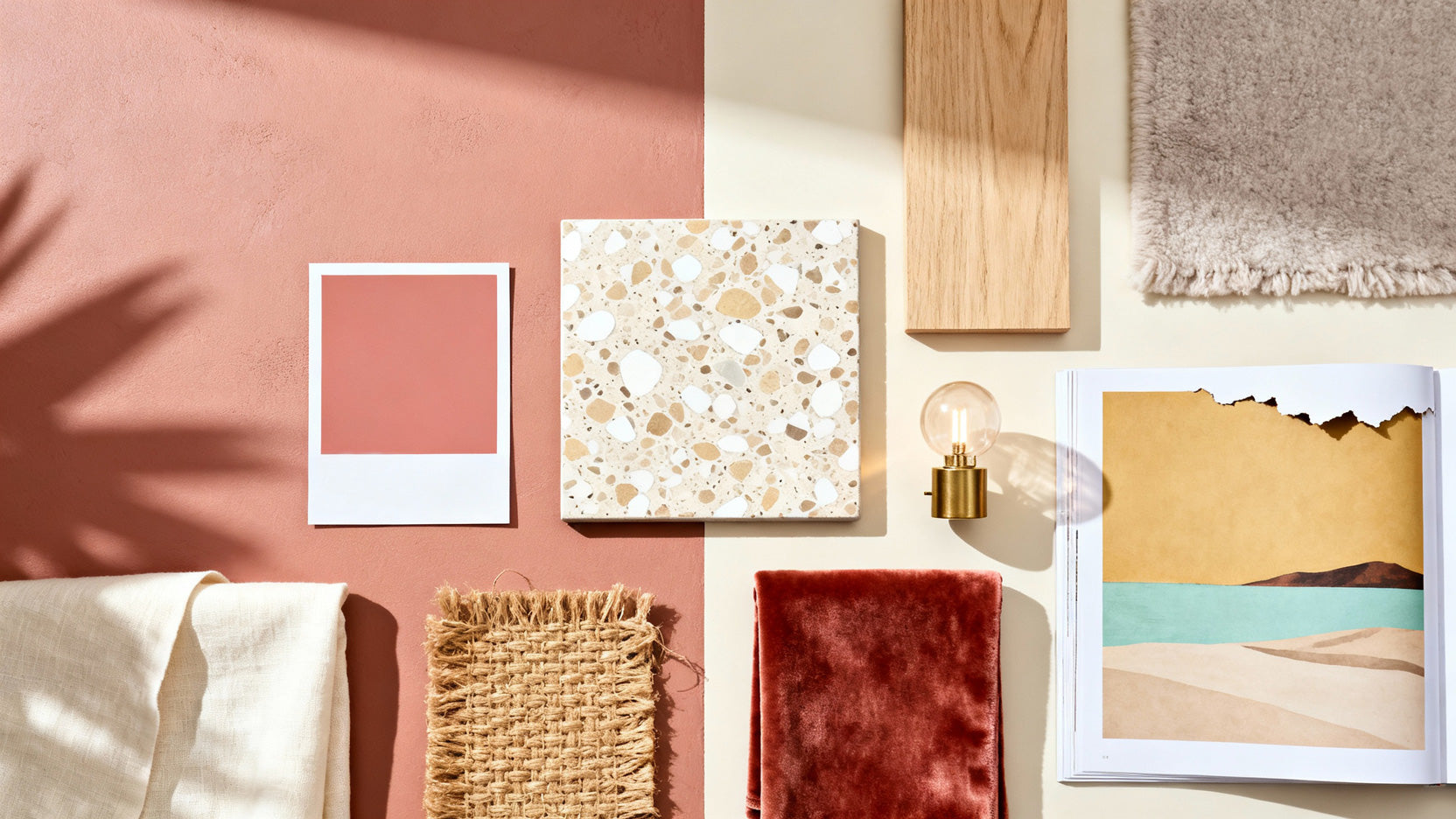 Decorative wall art and textures on a pink and beige wall