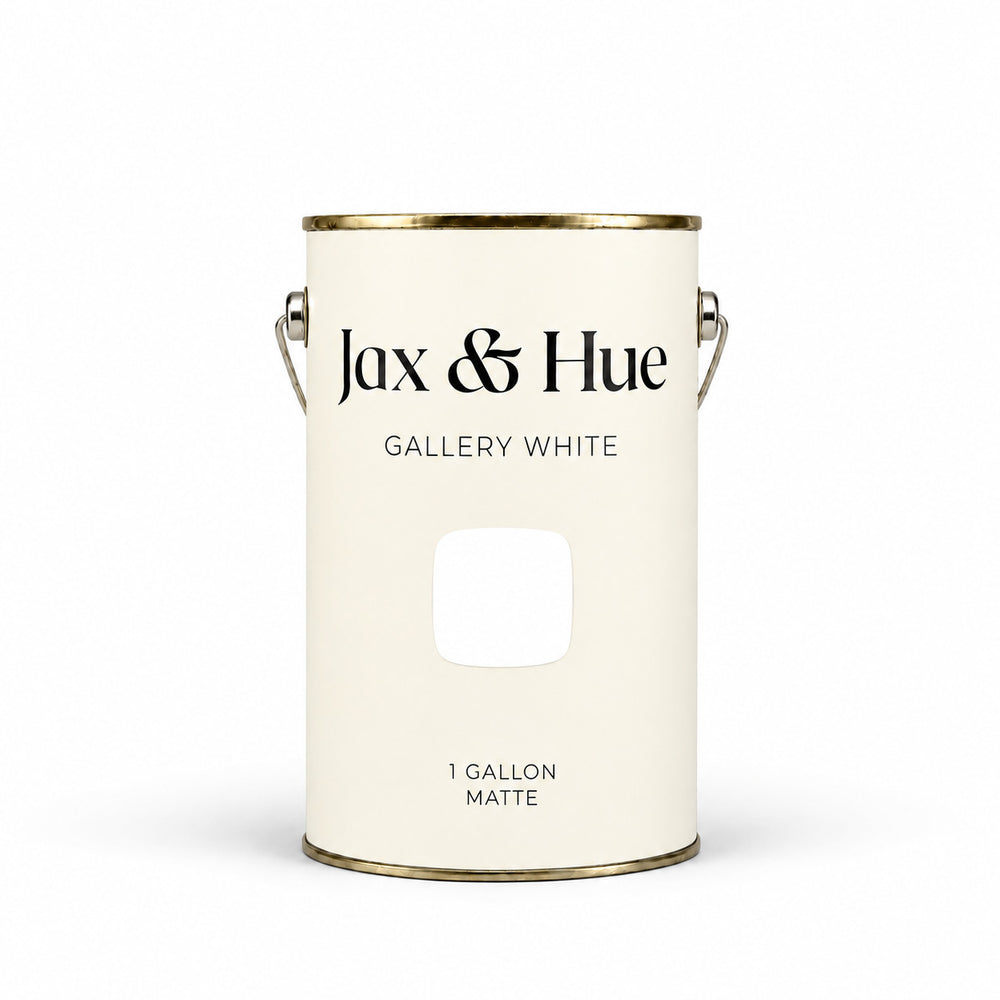 Jax & Hue Gallery White crisp pure white matte paint gallon on a matching white background.