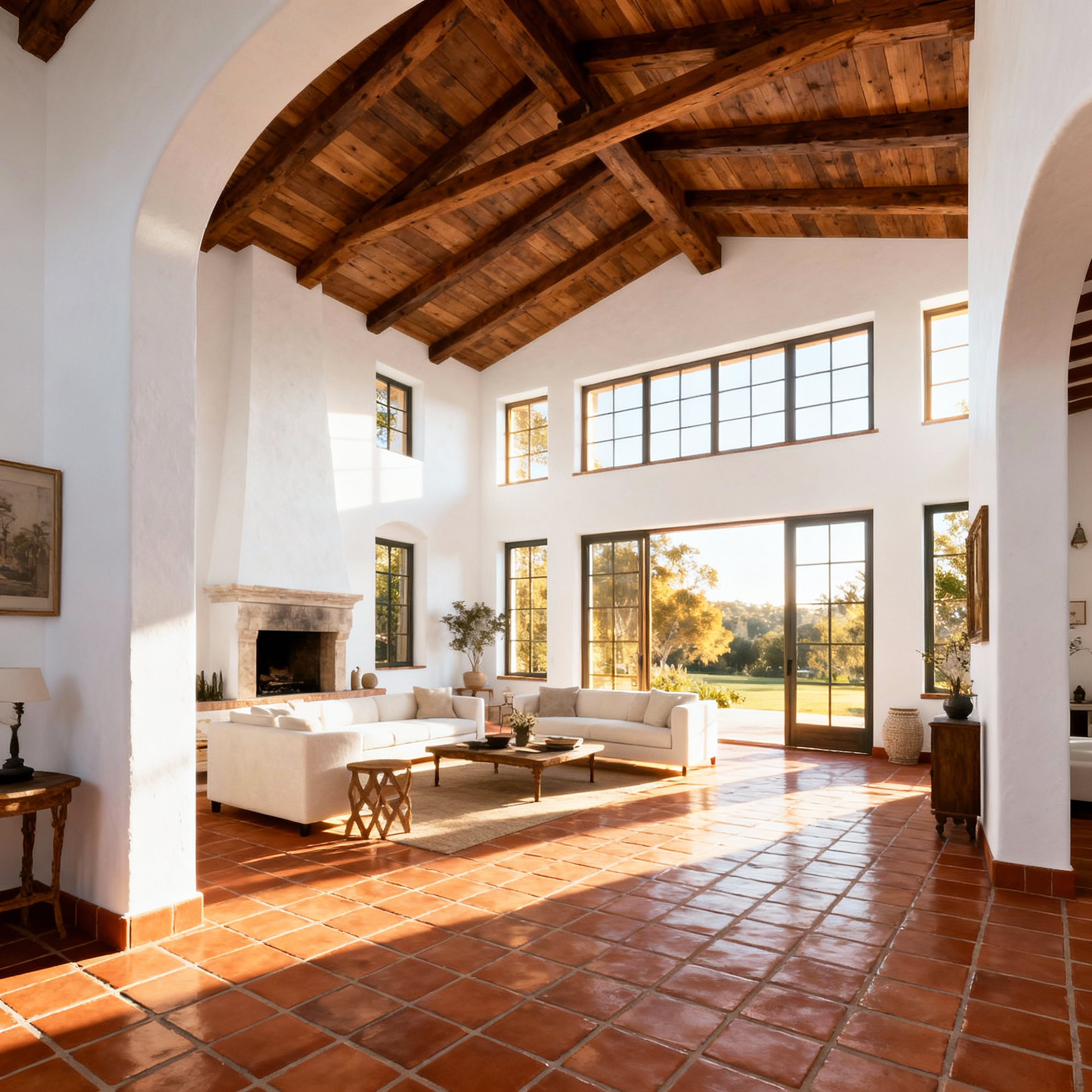 Spacious living room with high wooden ceiling, large windows, and white walls.