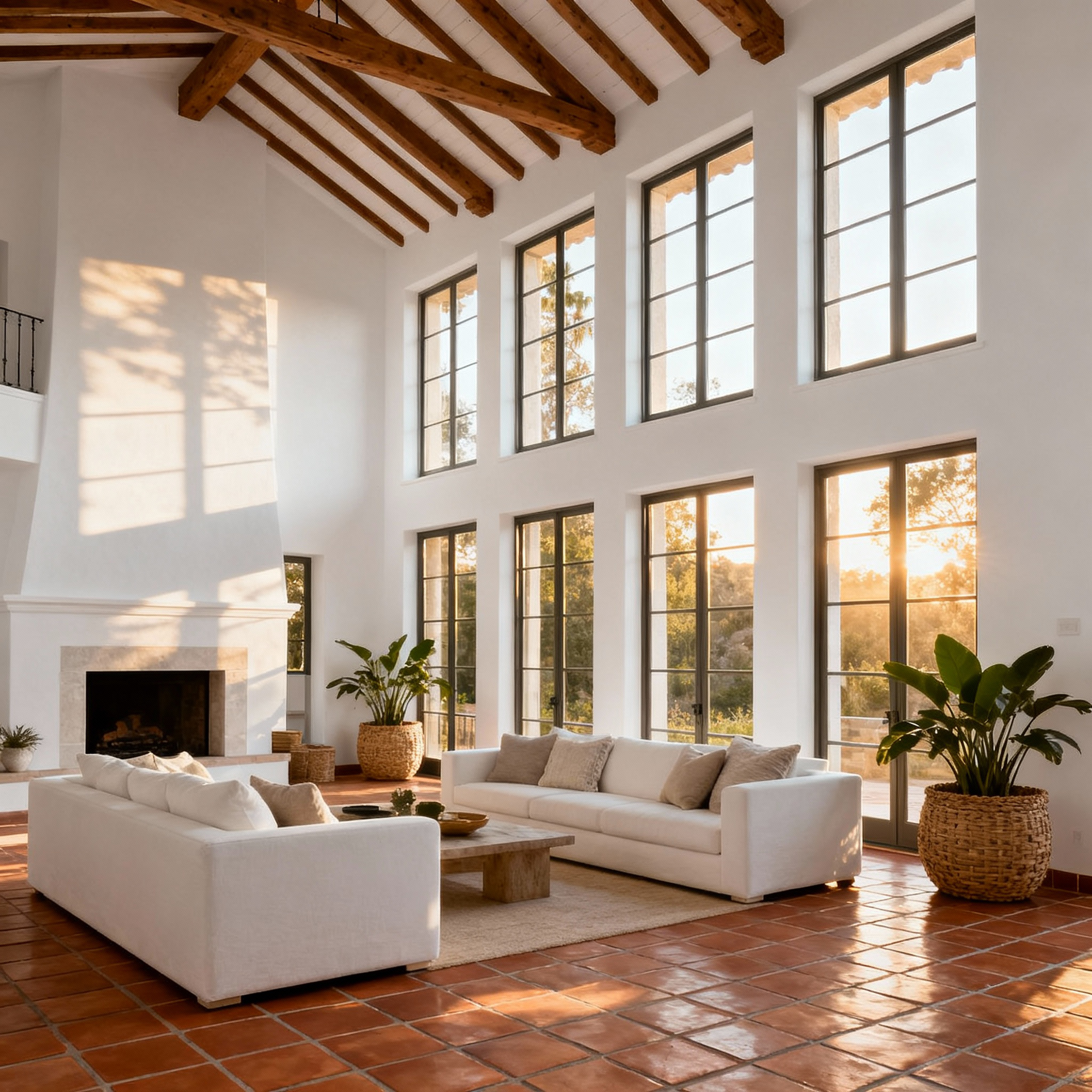 Spacious living room with large windows, white sofa, and wooden beams.