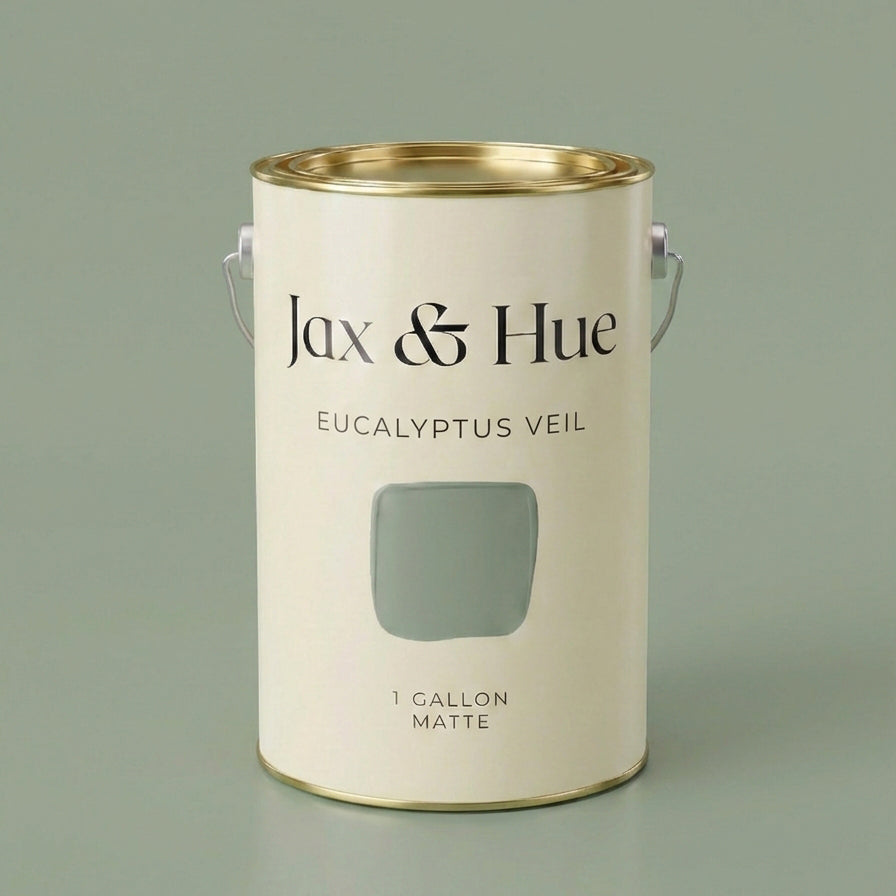 Jax & Hue Eucalyptus Veil paint can, a misted sage green-gray that breathes calm into spa-like bathrooms.