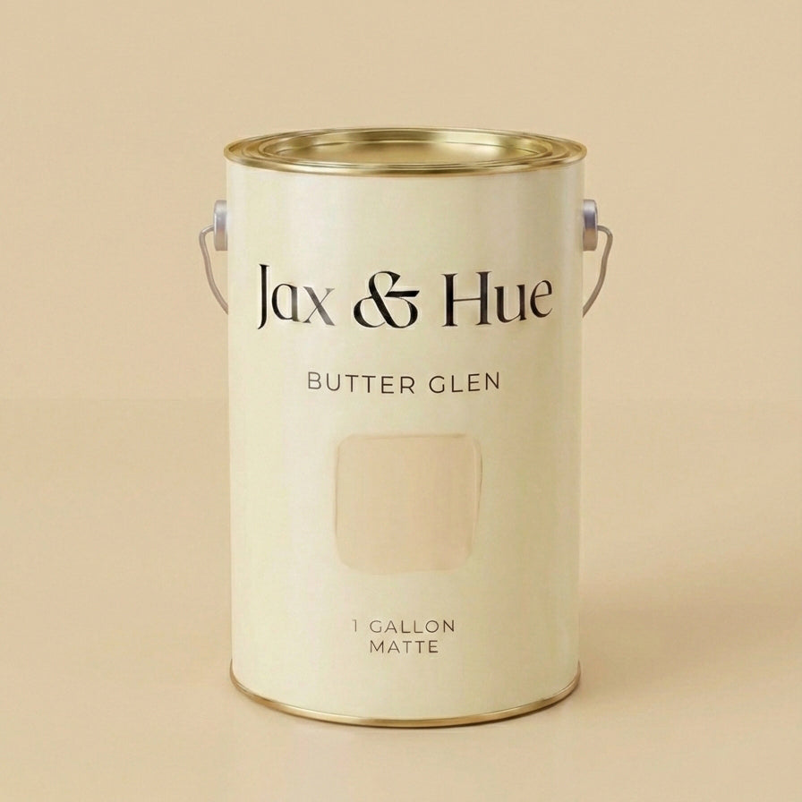 Jax & Hue Butter Glen paint can, a warm welcoming yellow with nostalgic charm for traditional kitchens.