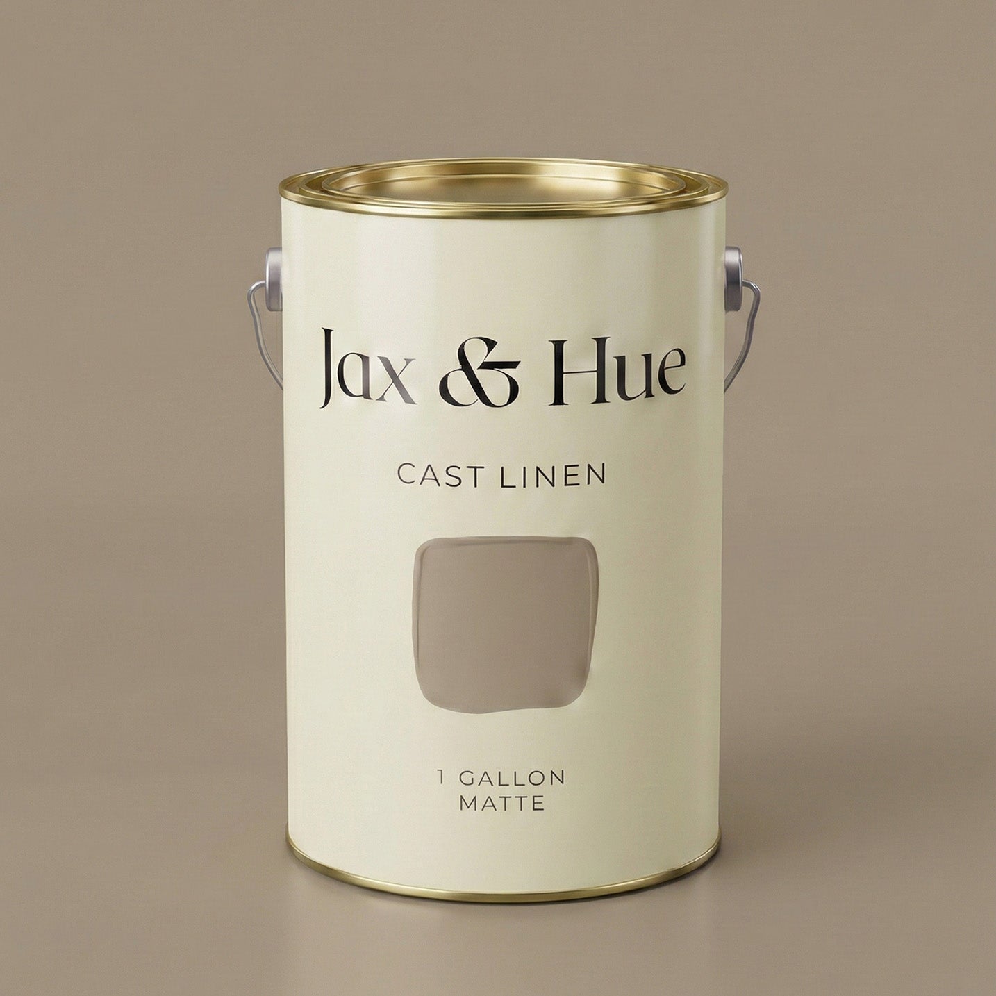 Jax & Hue Cast Linen paint can, a warm taupe-gray with a soft, timeless finish for neutral dining rooms.