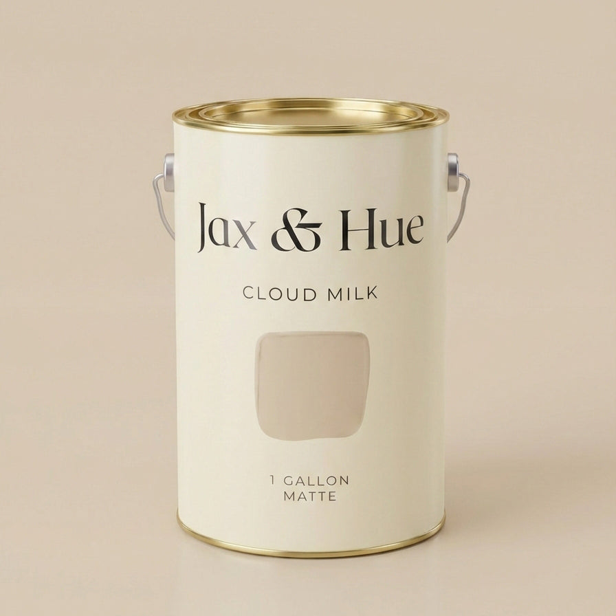 Jax & Hue Cloud Milk paint can, a creamy soft white with warm undertones for a cozy, light-filled bedroom.