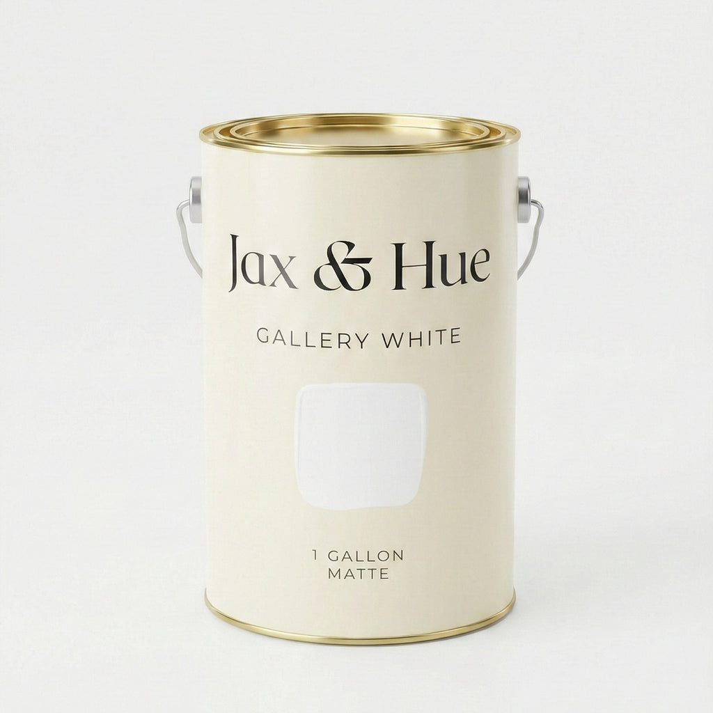 Jax & Hue Gallery White interior paint can, a crisp clean white matte finish that brightens modern living rooms.