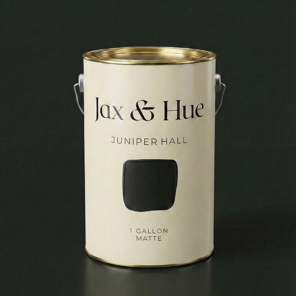 Jax & Hue Juniper Hall paint can, a traditional mossy green with a dark moody twist for heritage-style rooms.