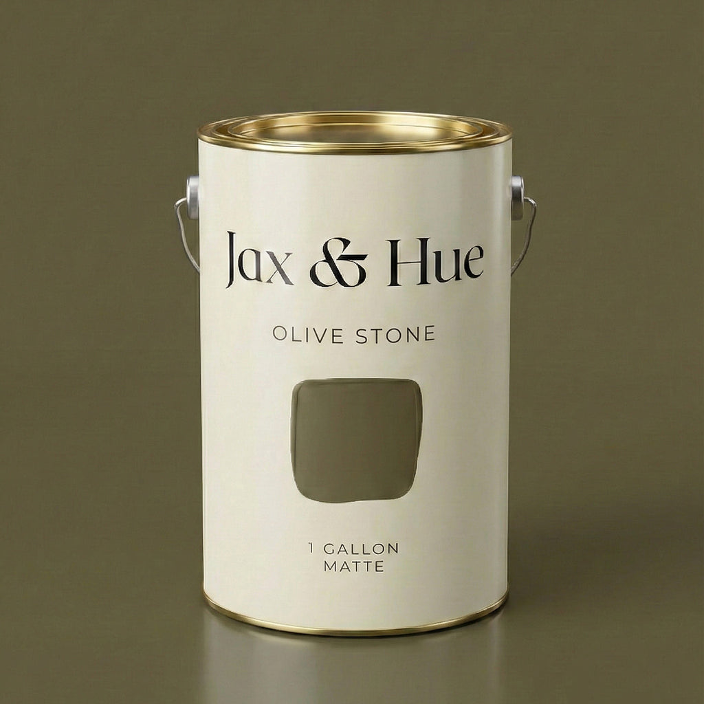 Jax & Hue Olive Stone interior paint, an earthy muted olive green with quiet depth for grounded living spaces.