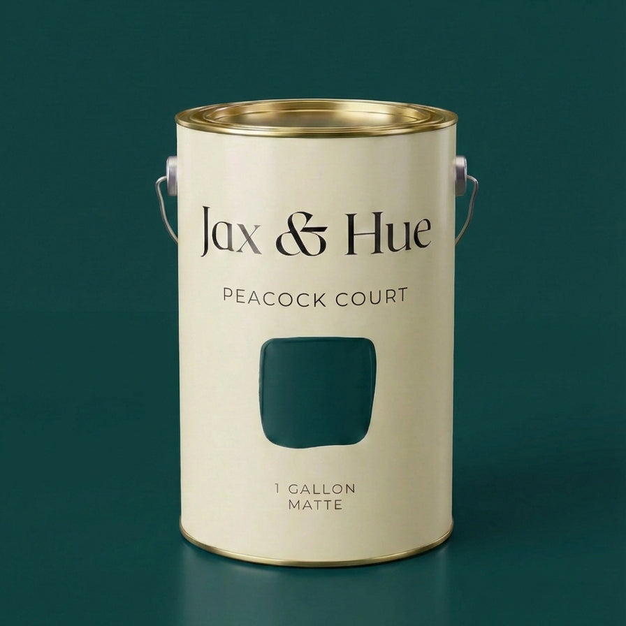 Jax & Hue Peacock Court paint can, a bold opulent teal blue with a timeless, velvety finish for dining rooms.