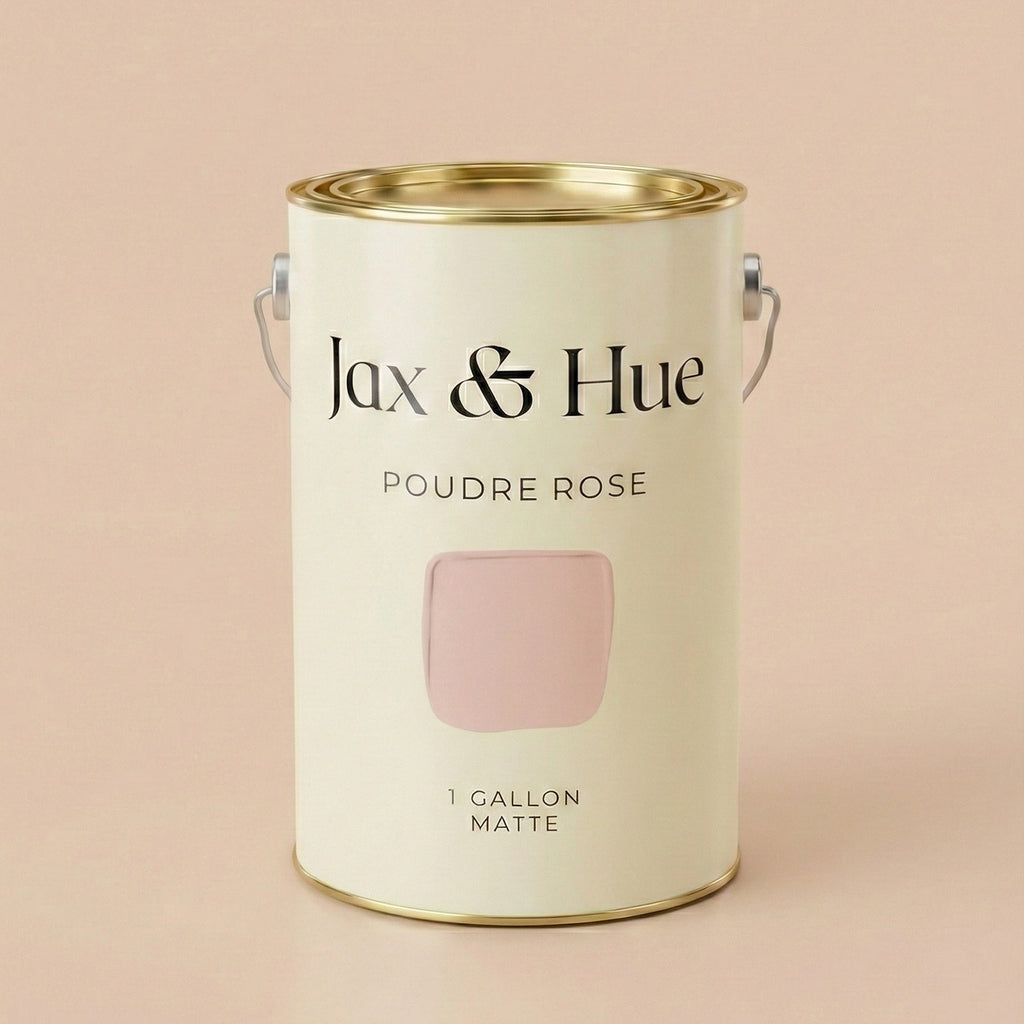 Jax & Hue Poudre Rosé paint can, an elegant blush pink with subtle warmth for chic bedrooms