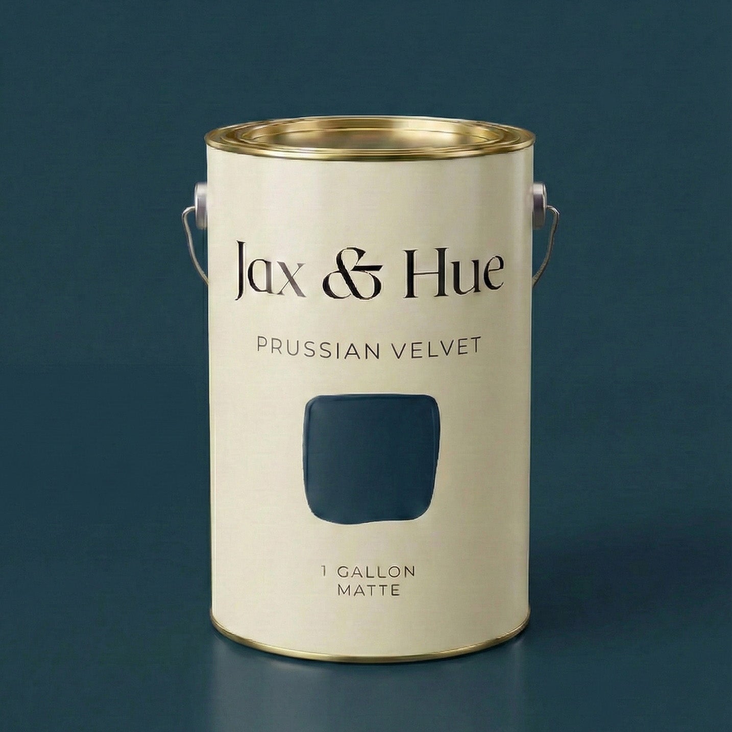 Jax & Hue Prussian Velvet paint can, a deep luxurious blue with a rich velvety matte finish for moody living rooms