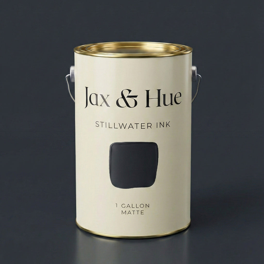 Jax & Hue Stillwater Ink paint can, a deep contemplative black with subtle blue undertones for moody libraries.