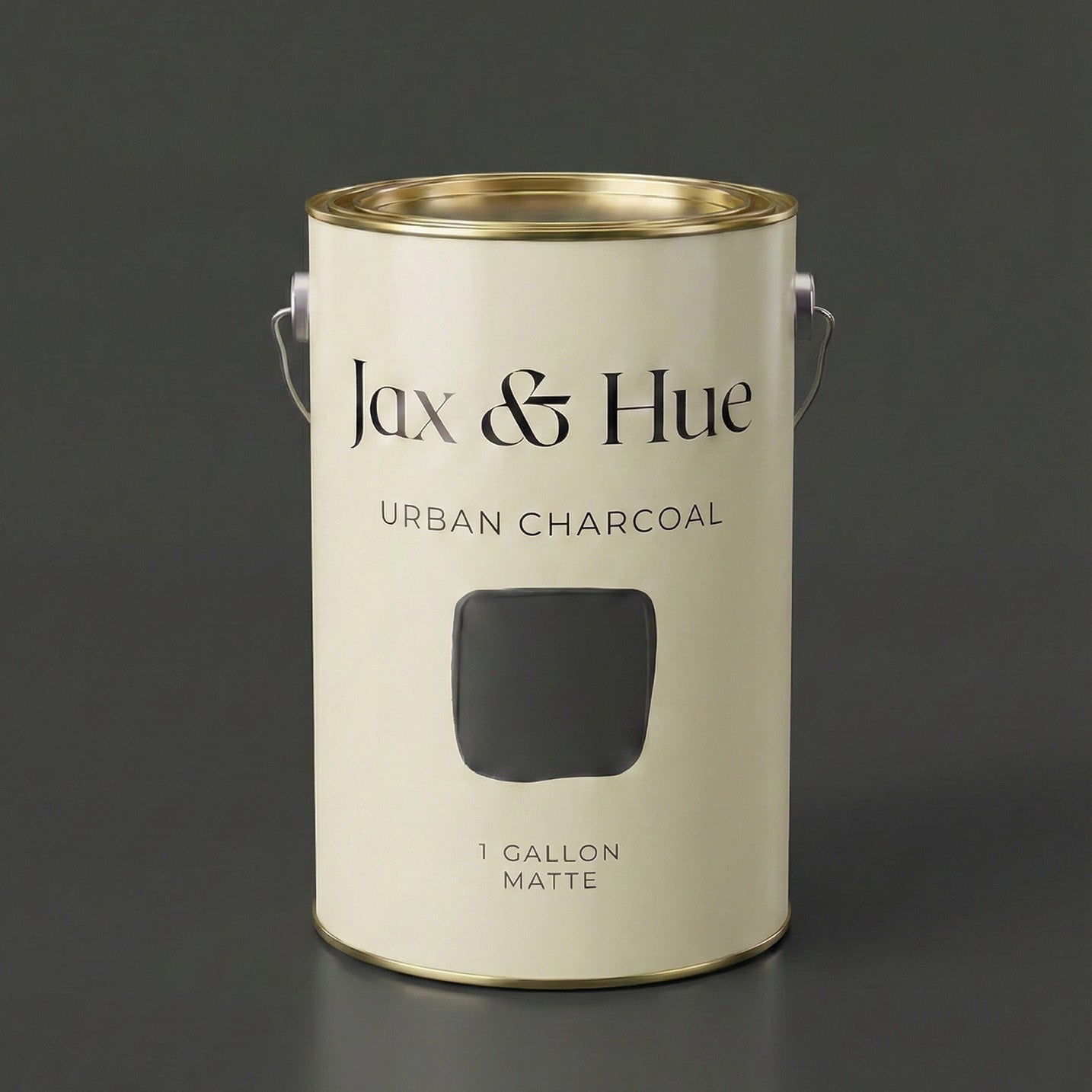 Jax & Hue Urban Charcoal paint can, a sophisticated dark gray with deep urban character for bedrooms.