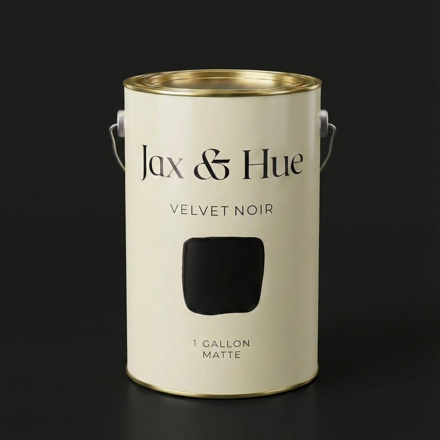 Jax & Hue Velvet Noir interior paint, a lush inky black with a rich velvety matte finish for luxury bedrooms.