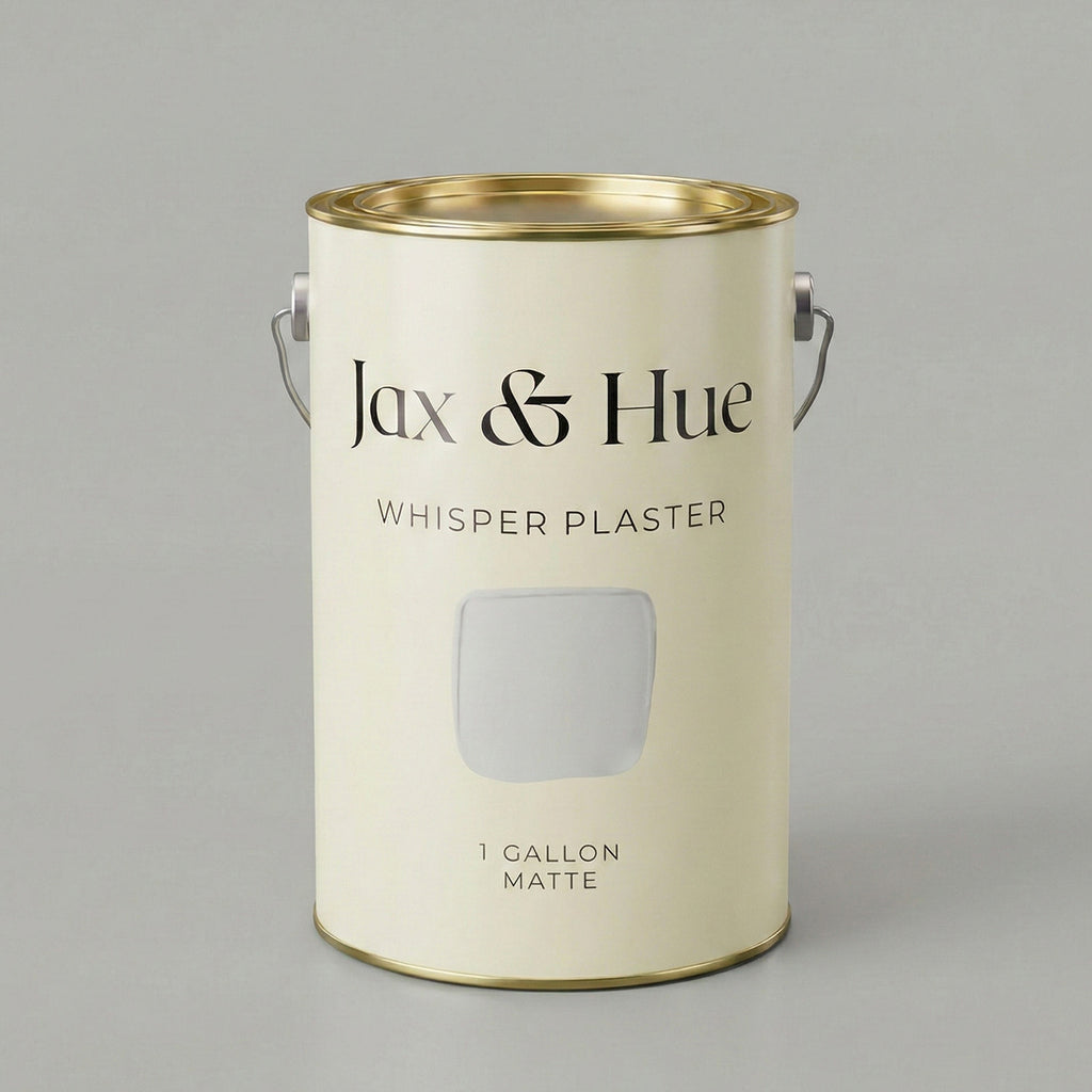 Jax & Hue Whisper Plaster paint can, a cool sophisticated off-white with gray undertones for minimalist spaces.