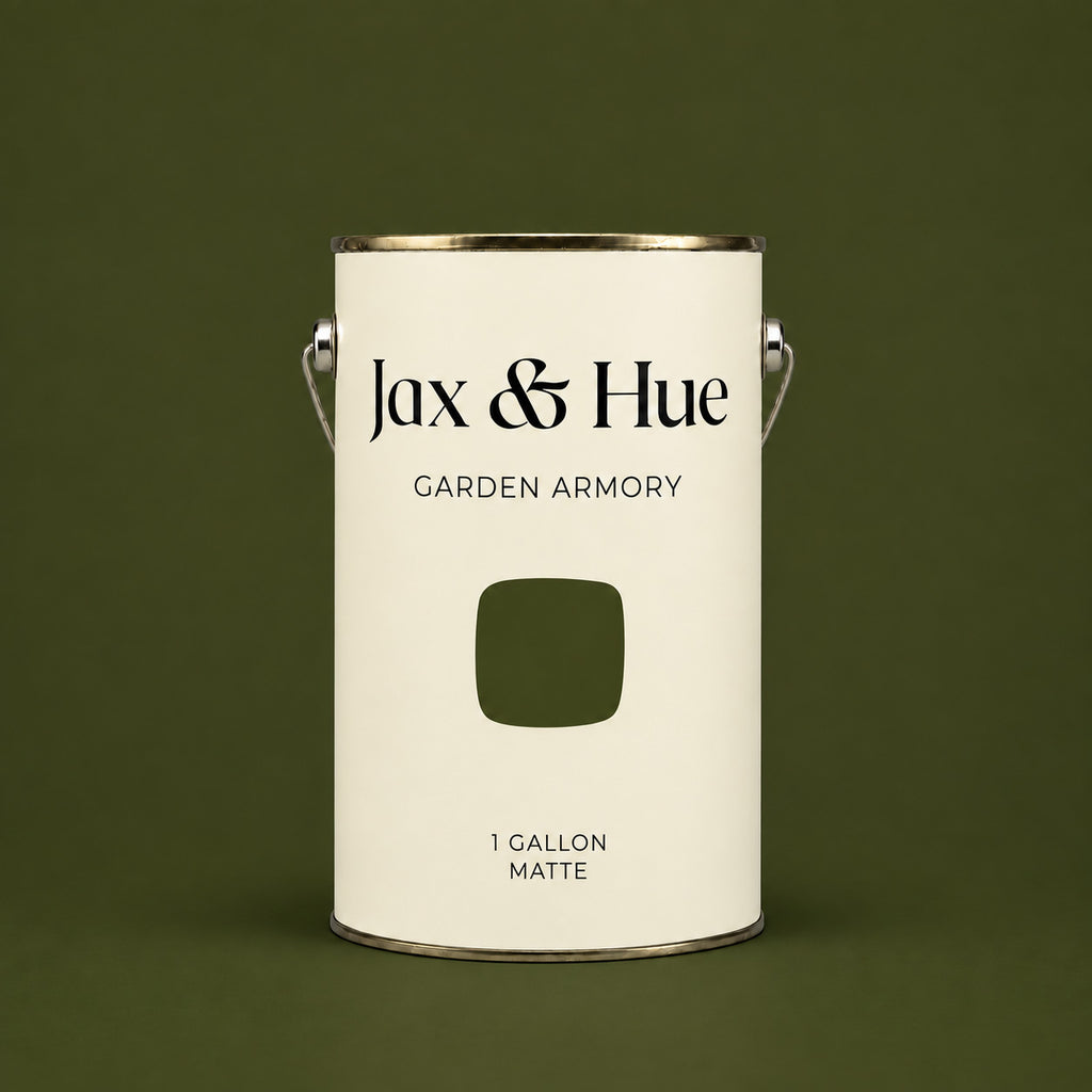 Jax & Hue Garden Armory one-gallon matte dark olive green paint can with a cream label and green color swatch.