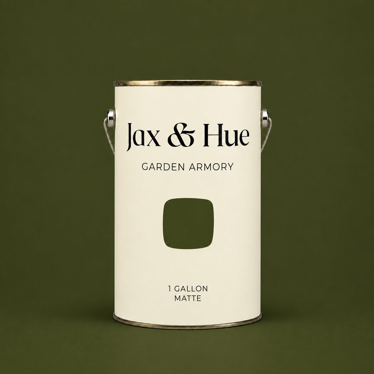 Jax & Hue Garden Armory one-gallon matte dark olive green paint can with a cream label and green color swatch.