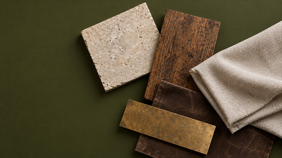 Garden Armory dark olive green paint palette with aged oak, pale stone, natural linen, and patinated brass.