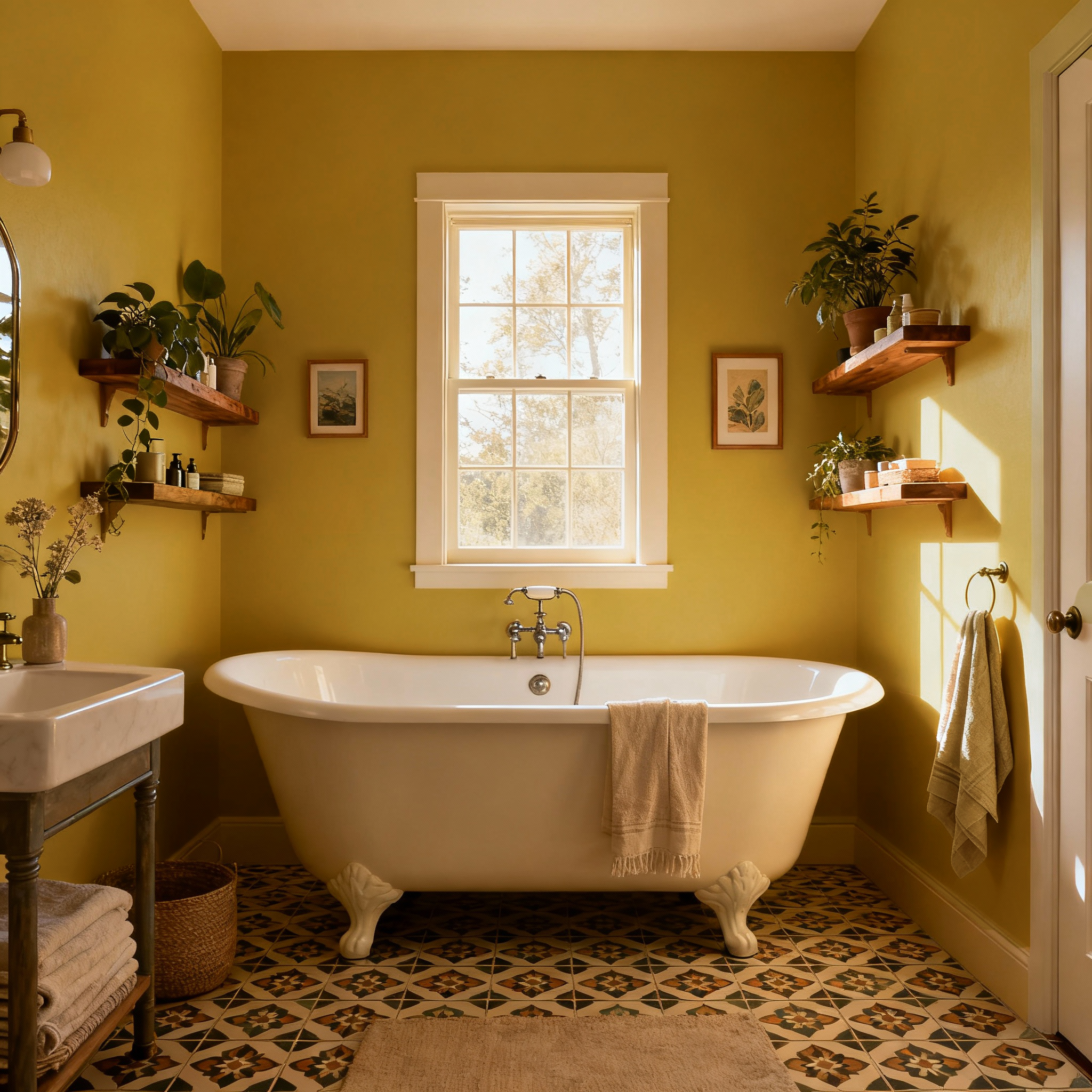 Bathroom with yellow walls, freestanding bathtub, and decorative elements.