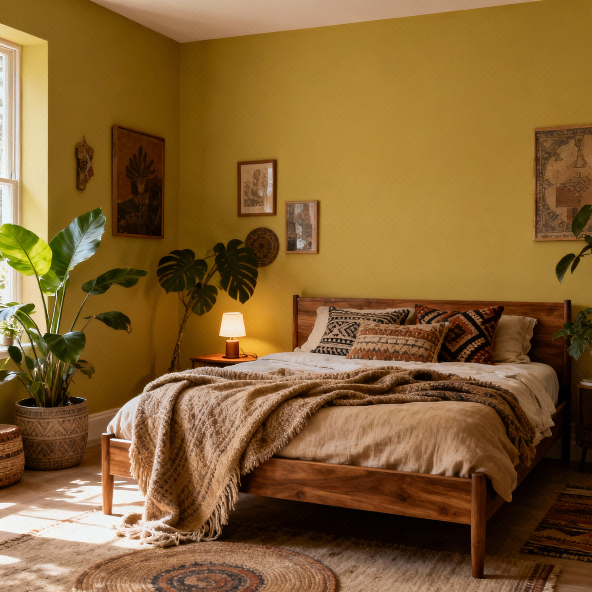 Cozy bedroom with wooden bed, beige blanket, and yellow walls.