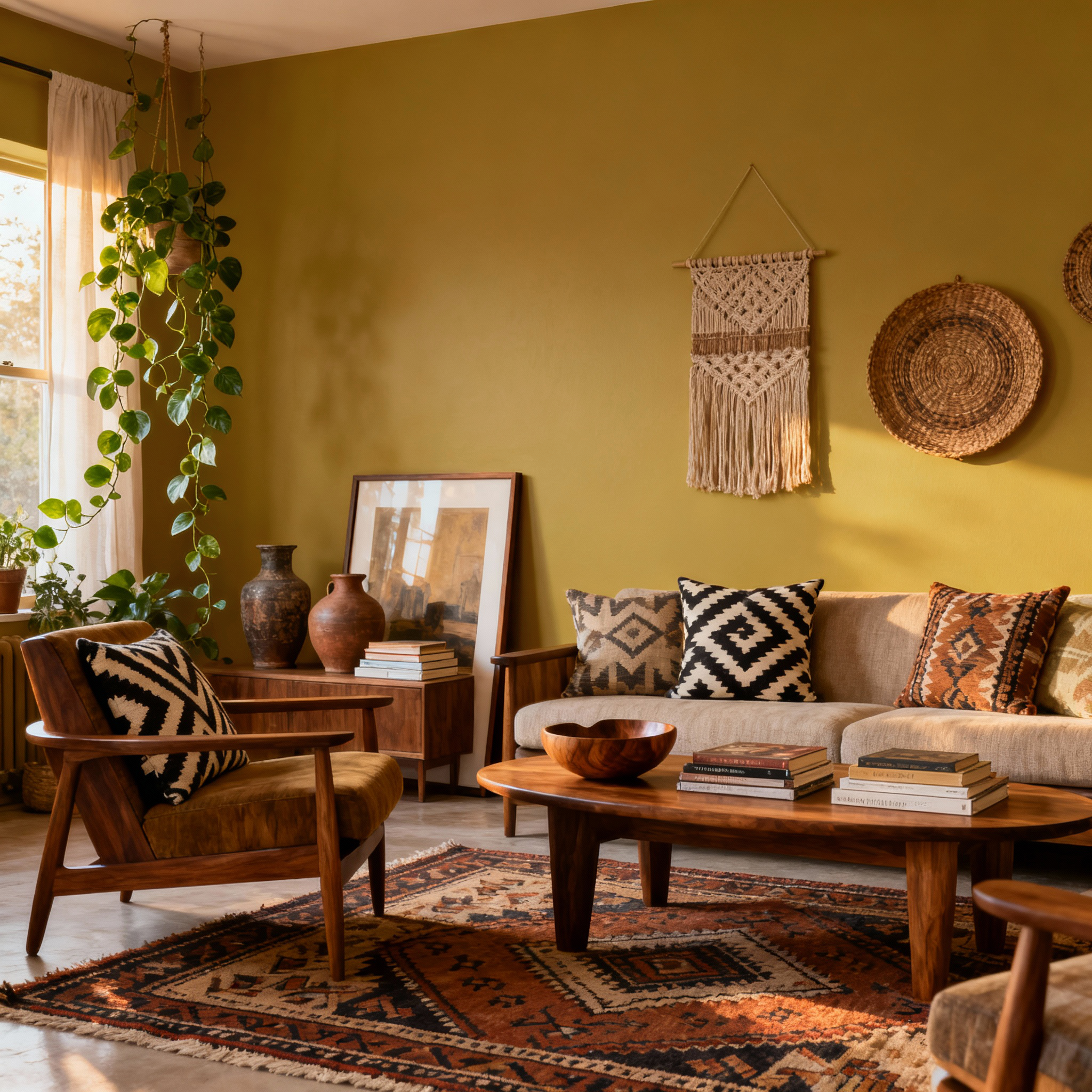 Cozy living room with green walls, wooden furniture, and decorative items.