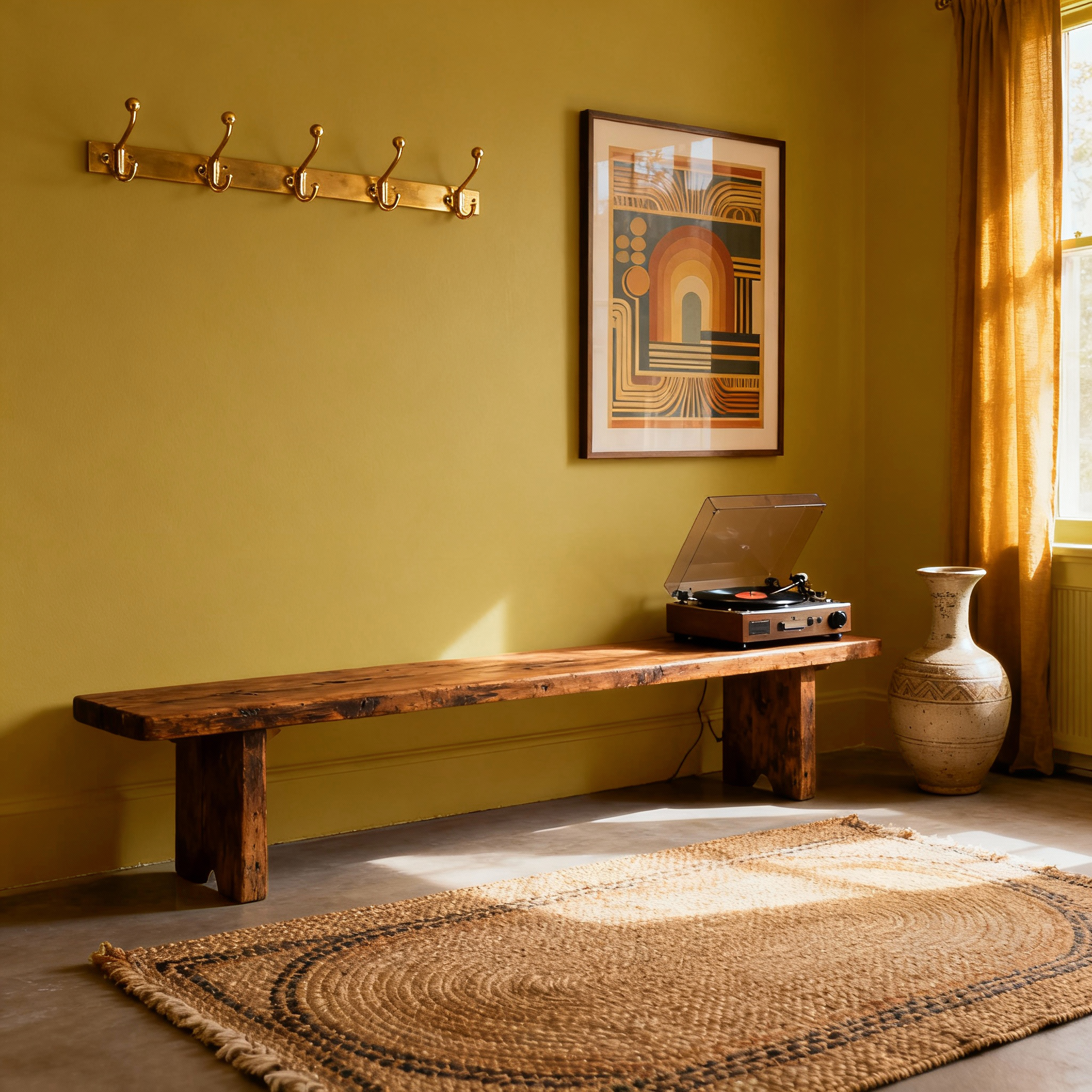 Wooden bench with vinyl record player against a yellow wall with a coat rack and framed art.