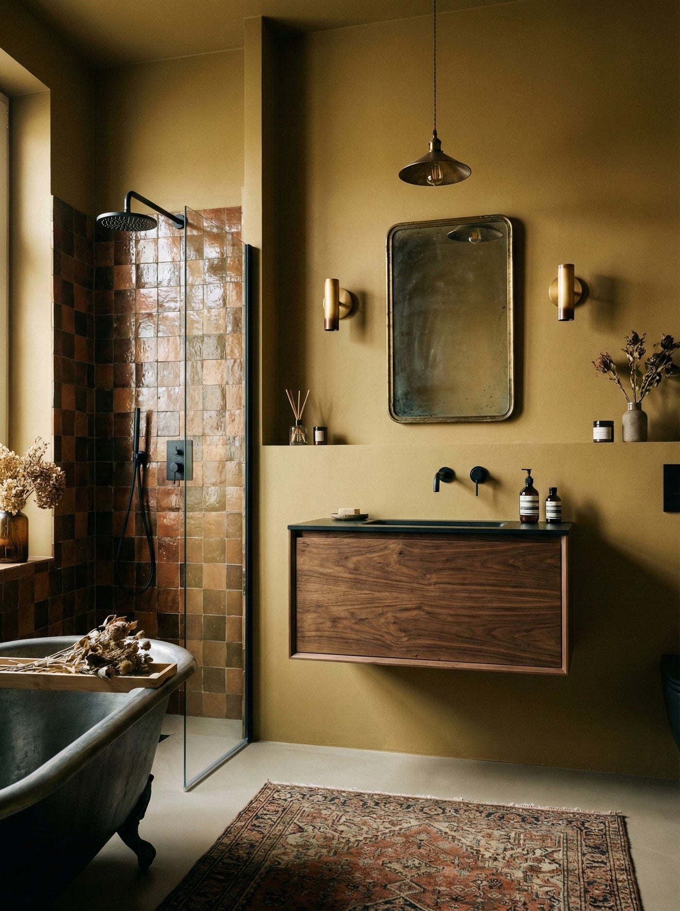 Modern golden yellow painted bathroom with wooden vanity, mirror, and freestanding bathtub.