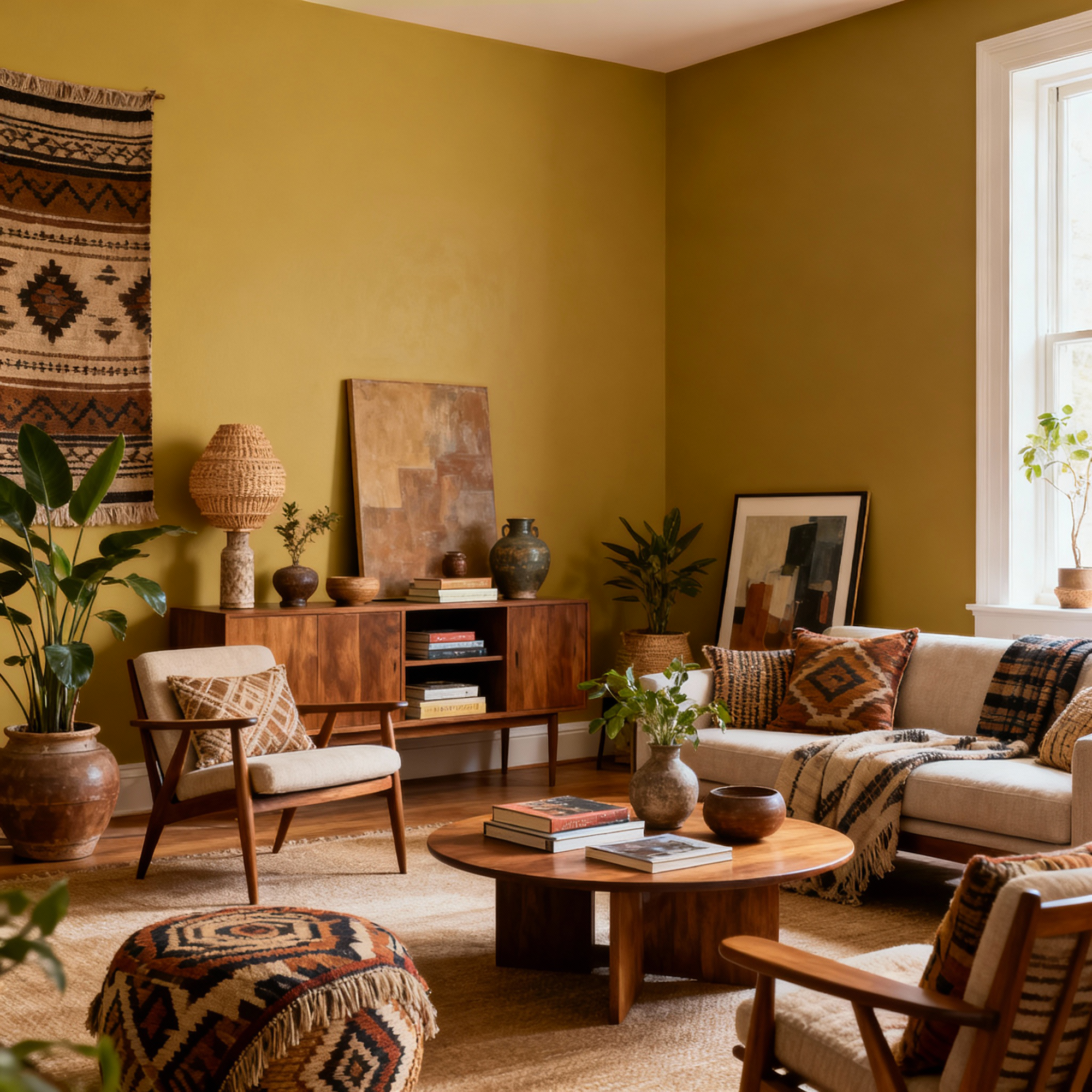 Cozy living room with wooden furniture, plants, and a warm color palette.