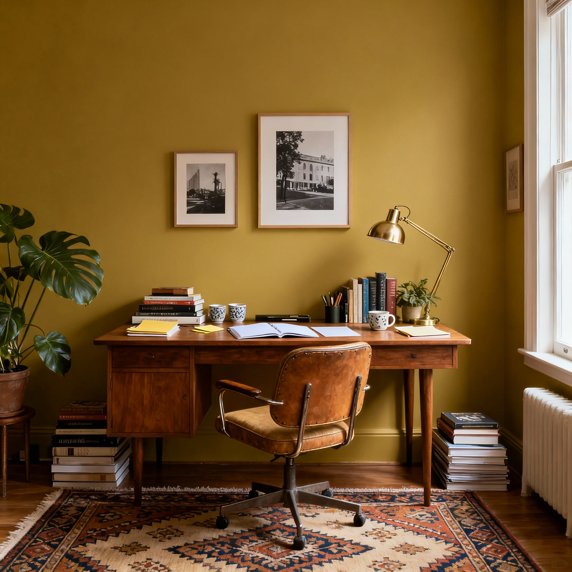 Home office with wooden desk, chair, and decor against a yellow wall.