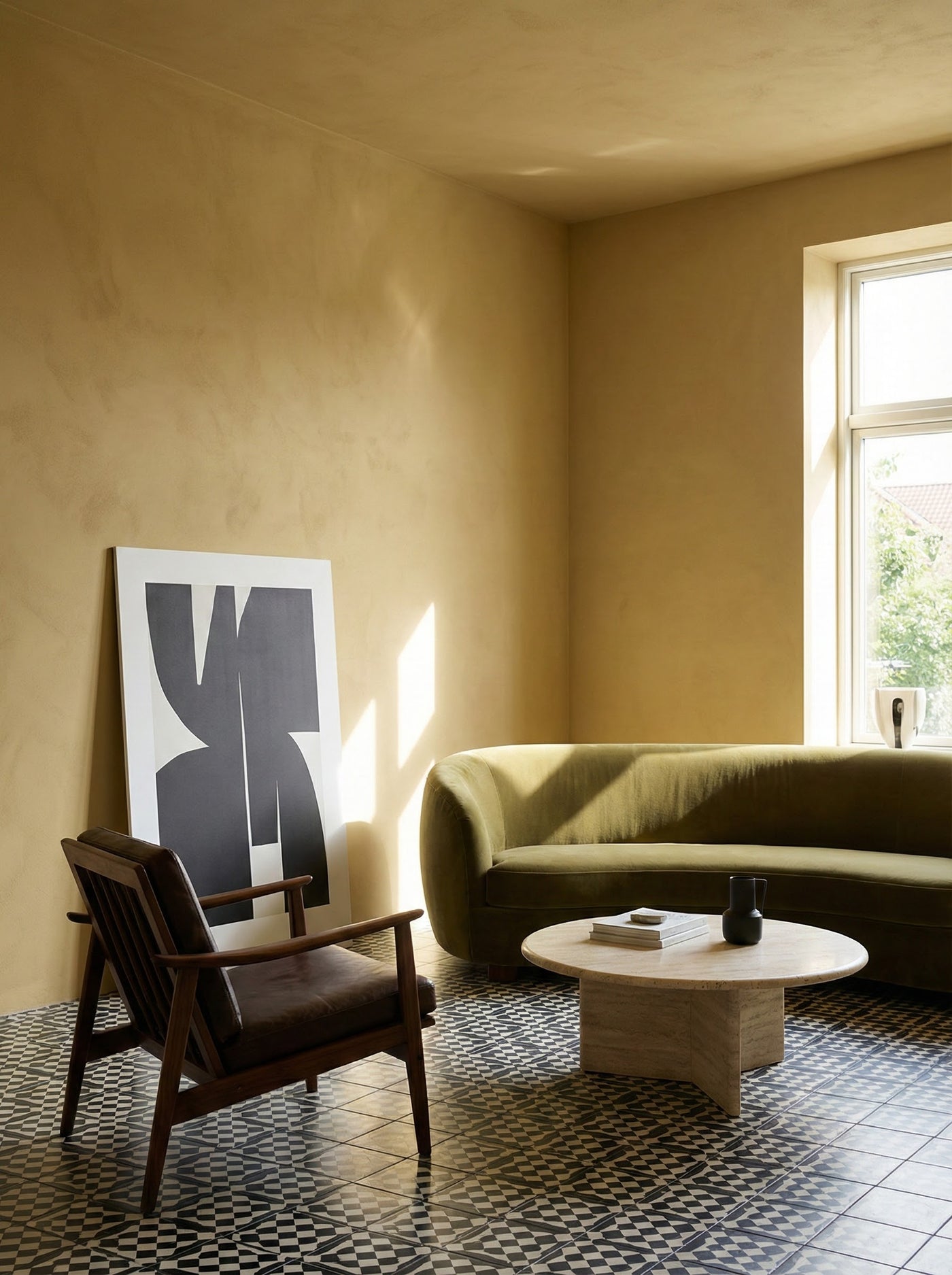 Modern living room painted in a golden yellow paint with a green sofa, wooden armchair, and abstract painting.