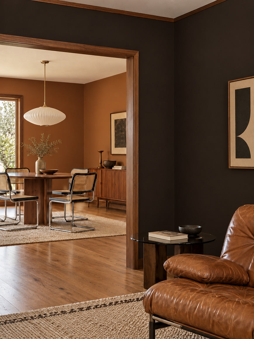 Iron Embers and Bridle Clay build a rich palette around the warmth of brown. The smoky depth of Iron Embers makes Bridle Clay’s russet tones glow, while the clay brings warmth and movement to the darker shade. Together, they create enveloping rooms with a distinctly earthy elegance—especially compelling for a home that comes into its own after dark.