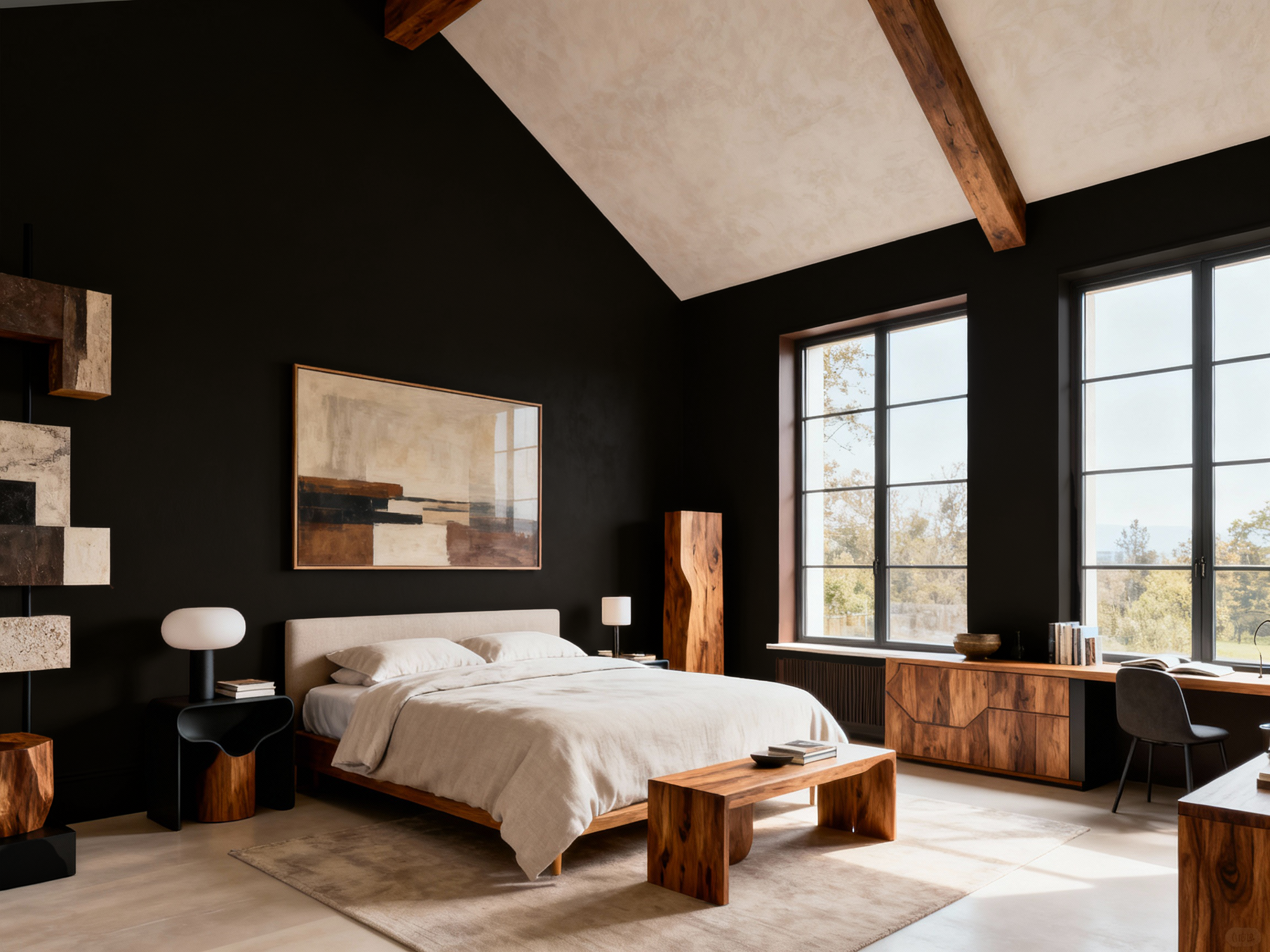 Modern bedroom with dark walls, wooden furniture, and large windows.