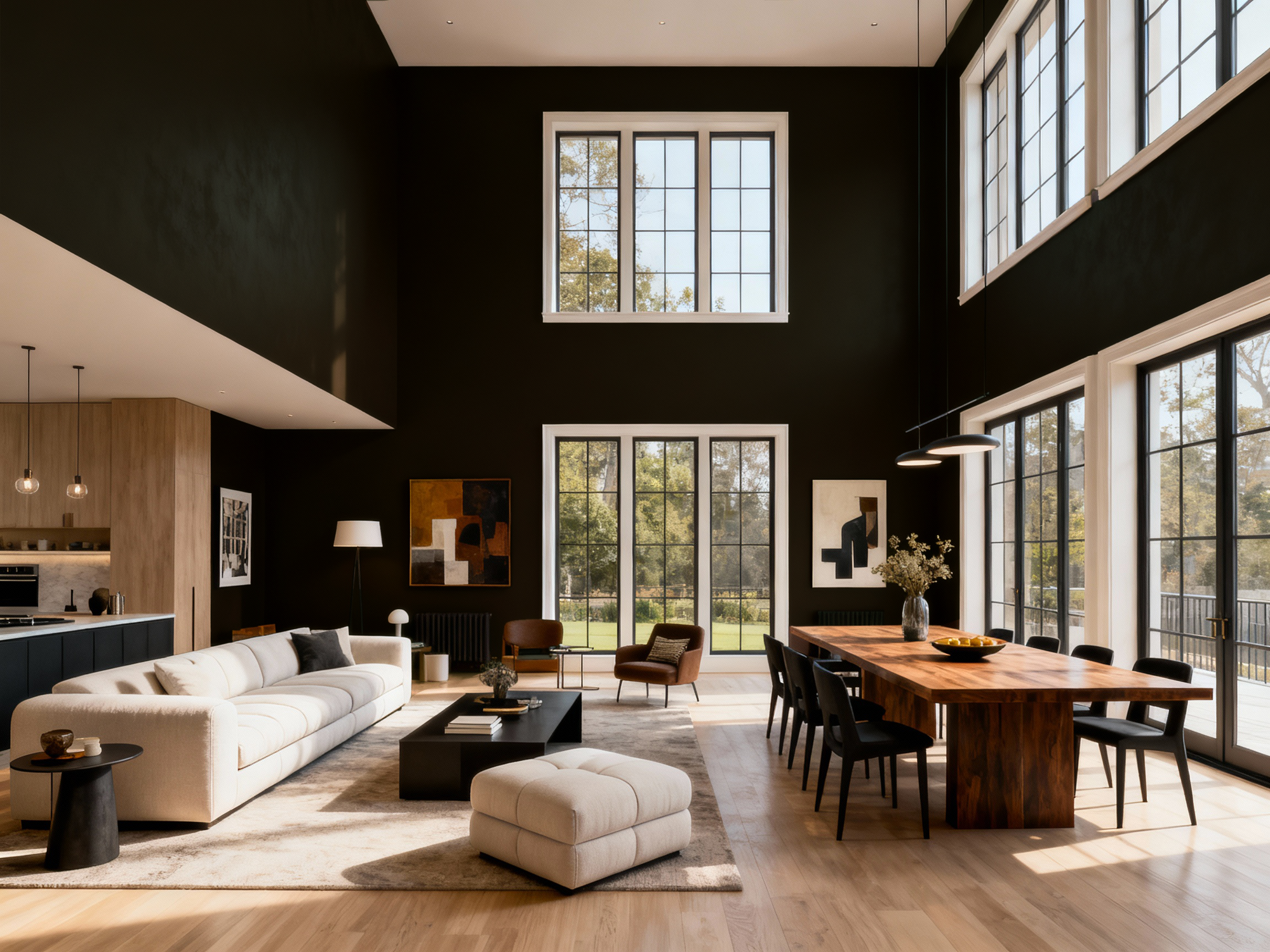 Modern living room with black walls, white furniture, and large windows.