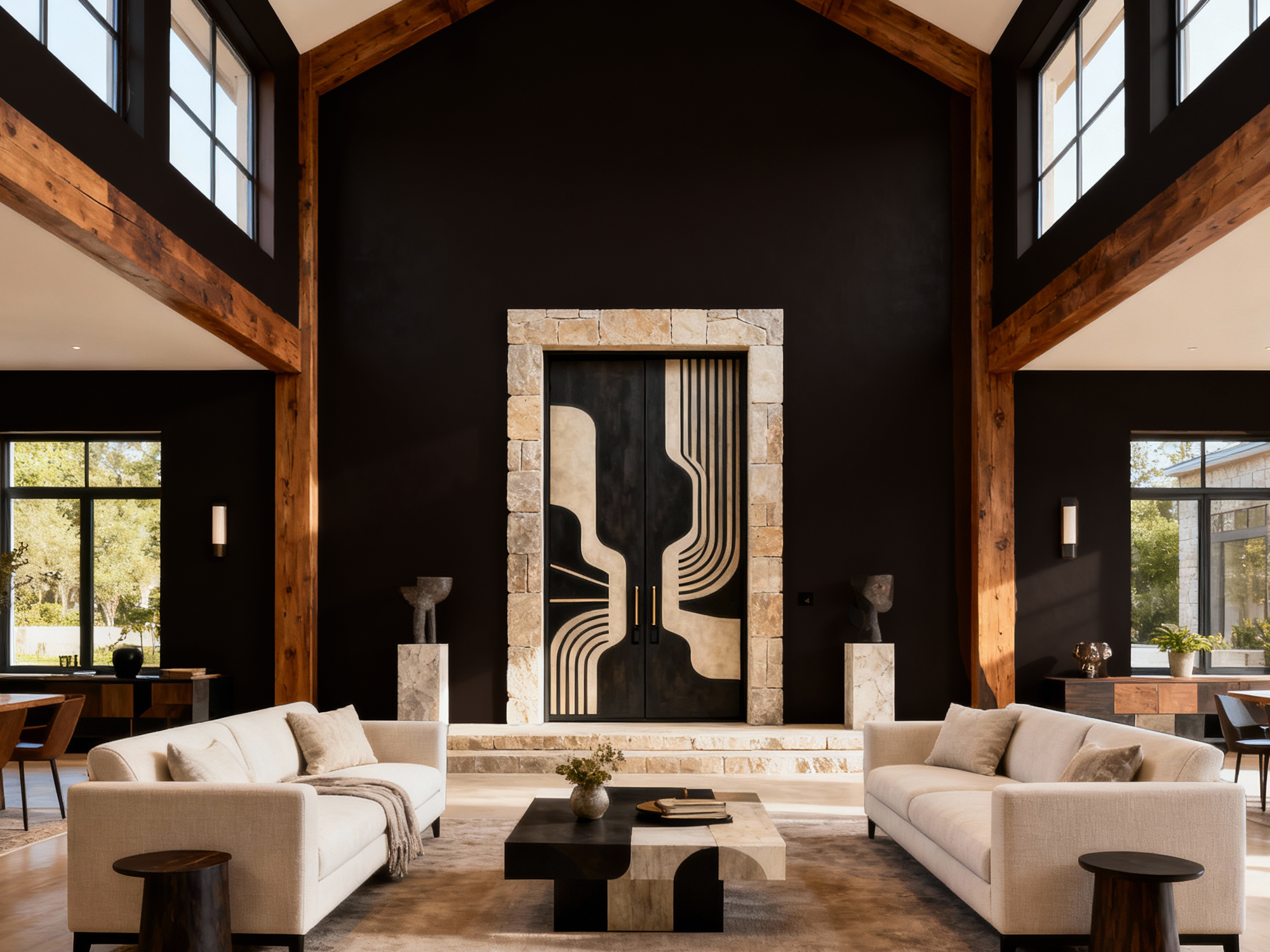 Modern living room with high ceilings, large windows, and a decorative wall piece.