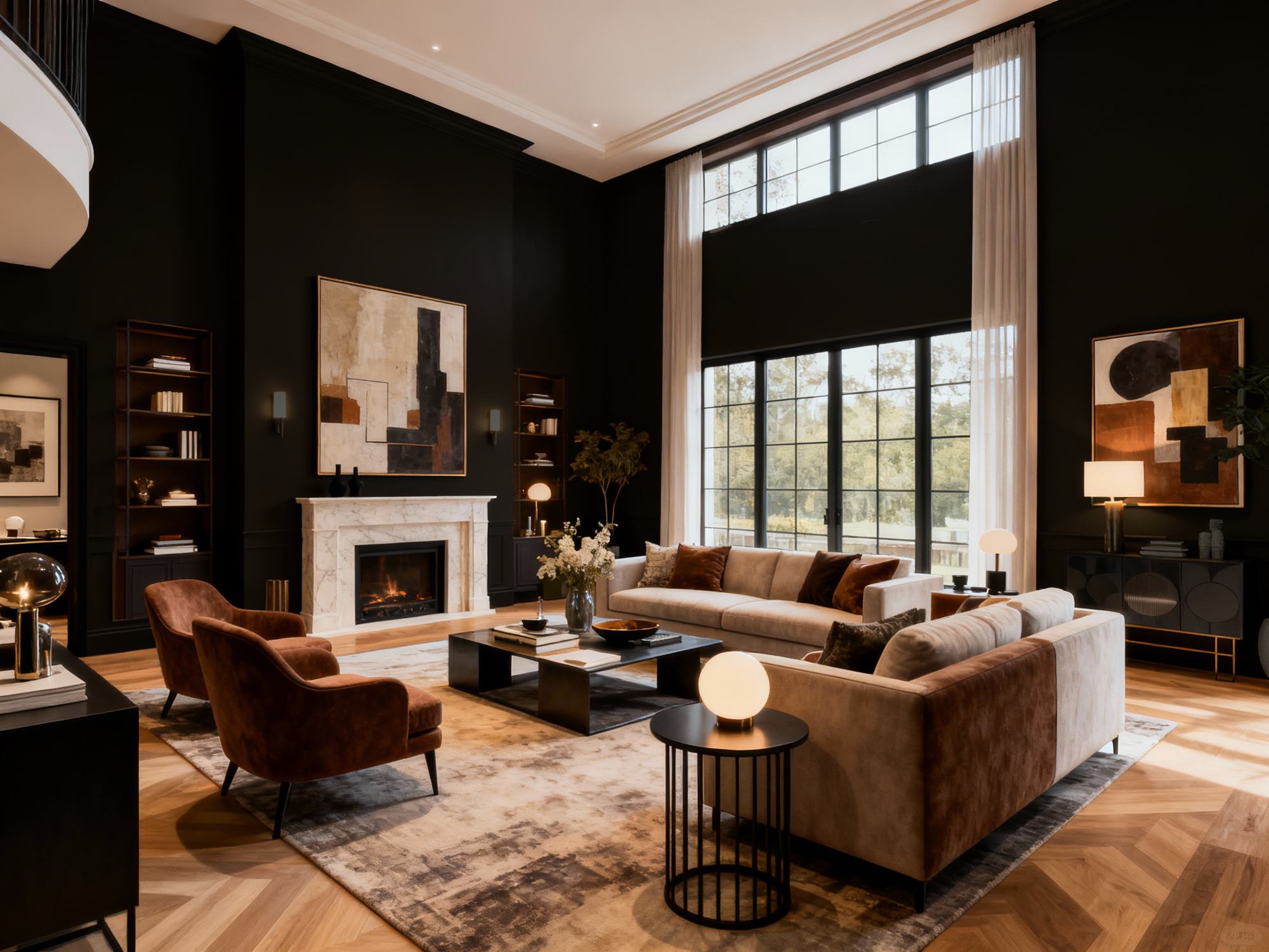 Modern living room with brown sofa, armchairs, and a fireplace.