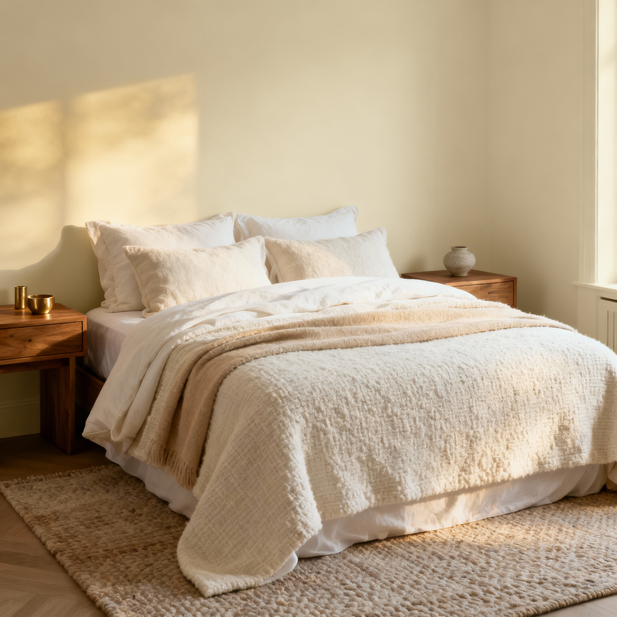 Neatly made bed with white bedding and beige blanket in a bedroom setting.