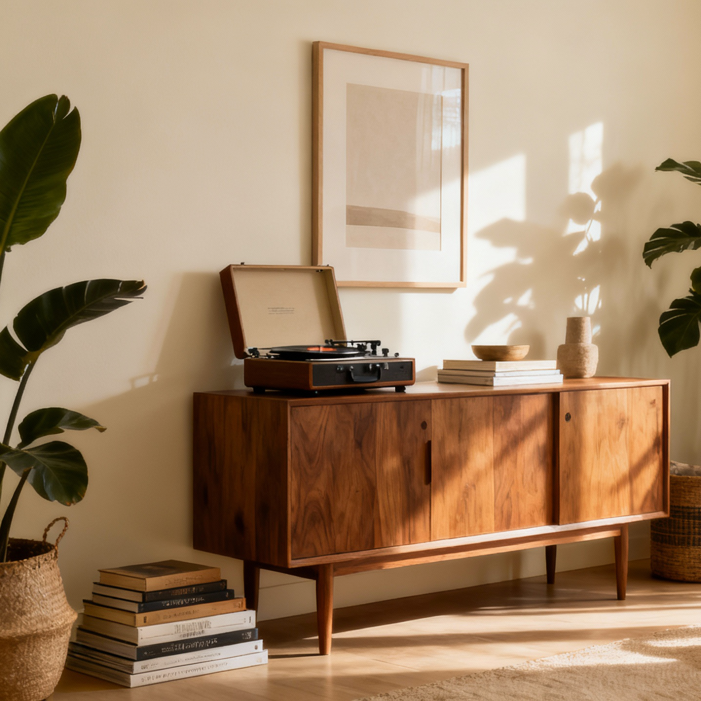 Wooden sideboard with record player in a sunlit room with plants and books.