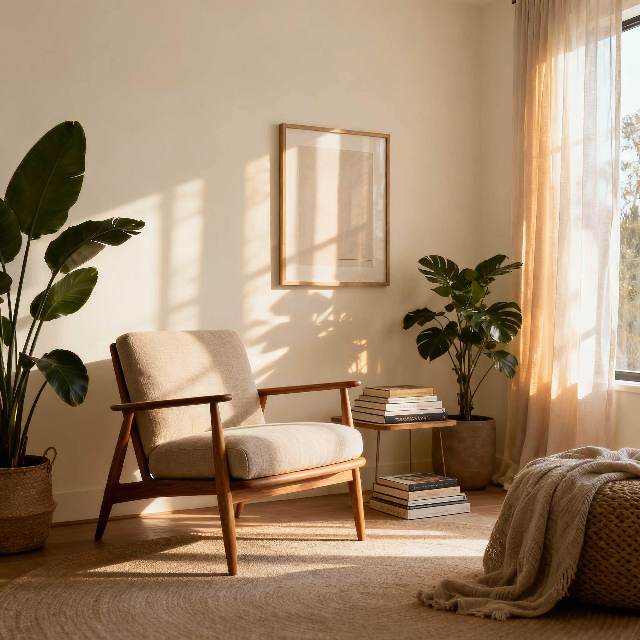 Cozy living room with a wooden armchair, plants, and books.