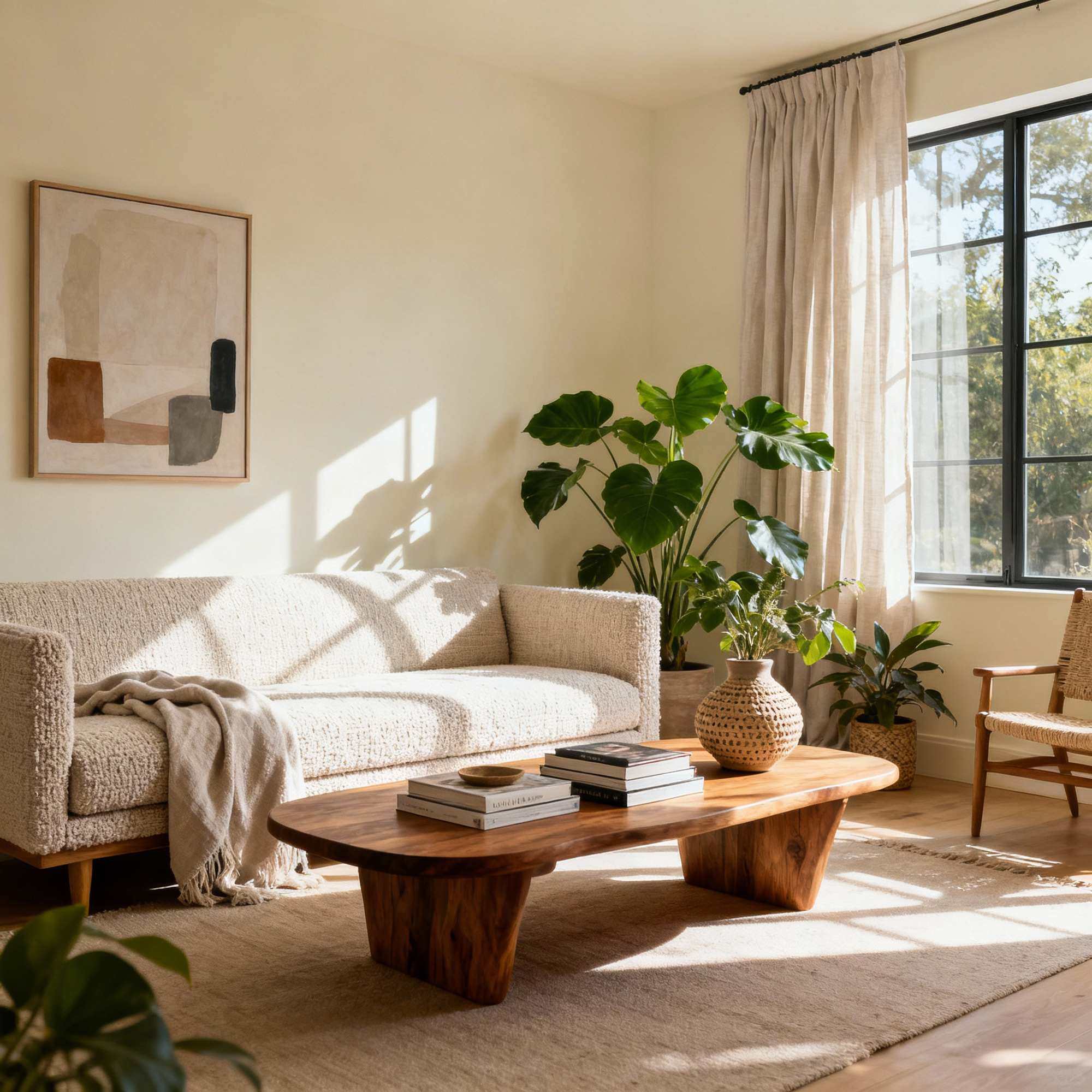 Cozy living room with a beige sofa, wooden coffee table, and plants.